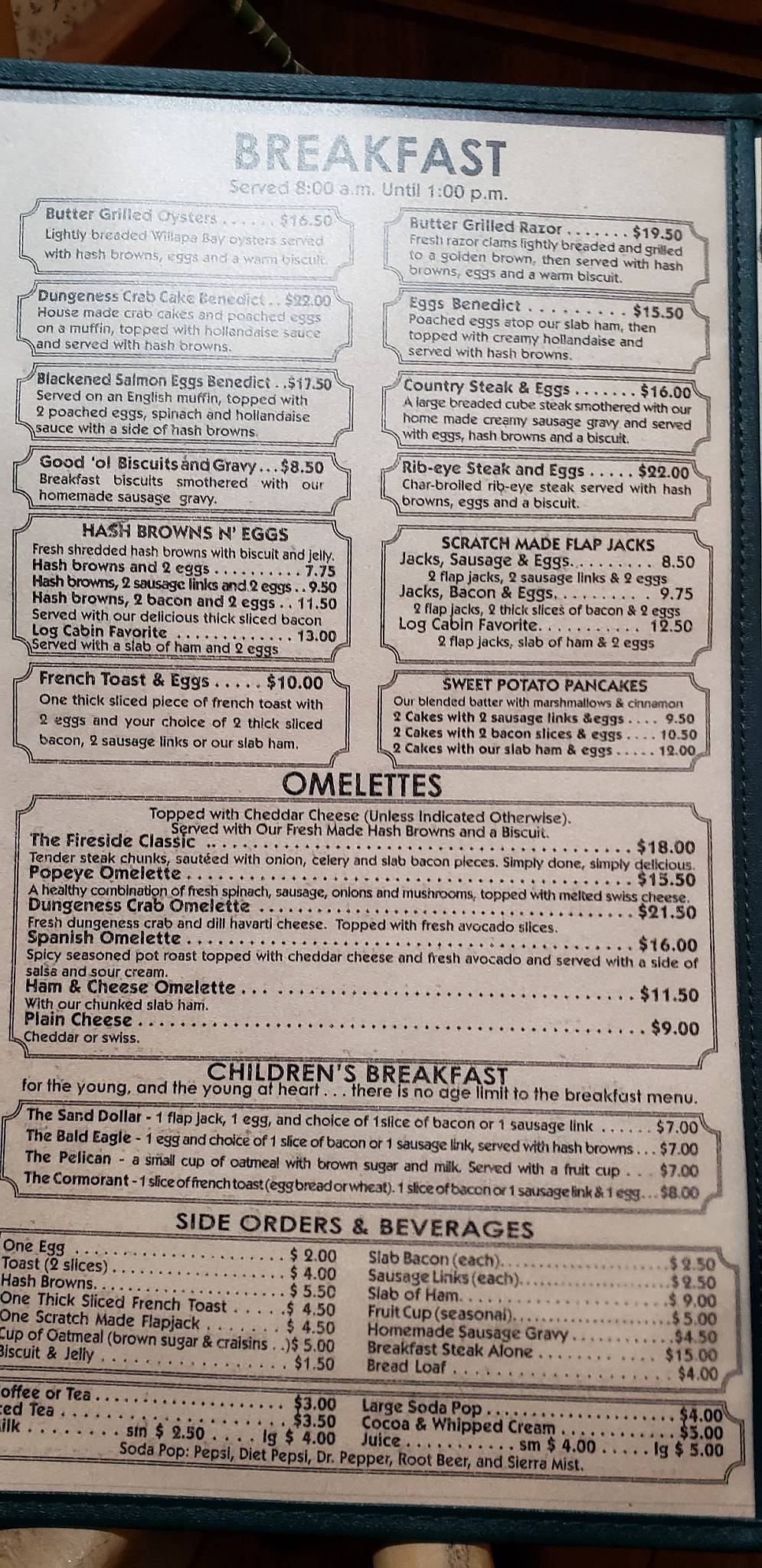 Menu at Oros Fireside Restaurant, Cannon Beach