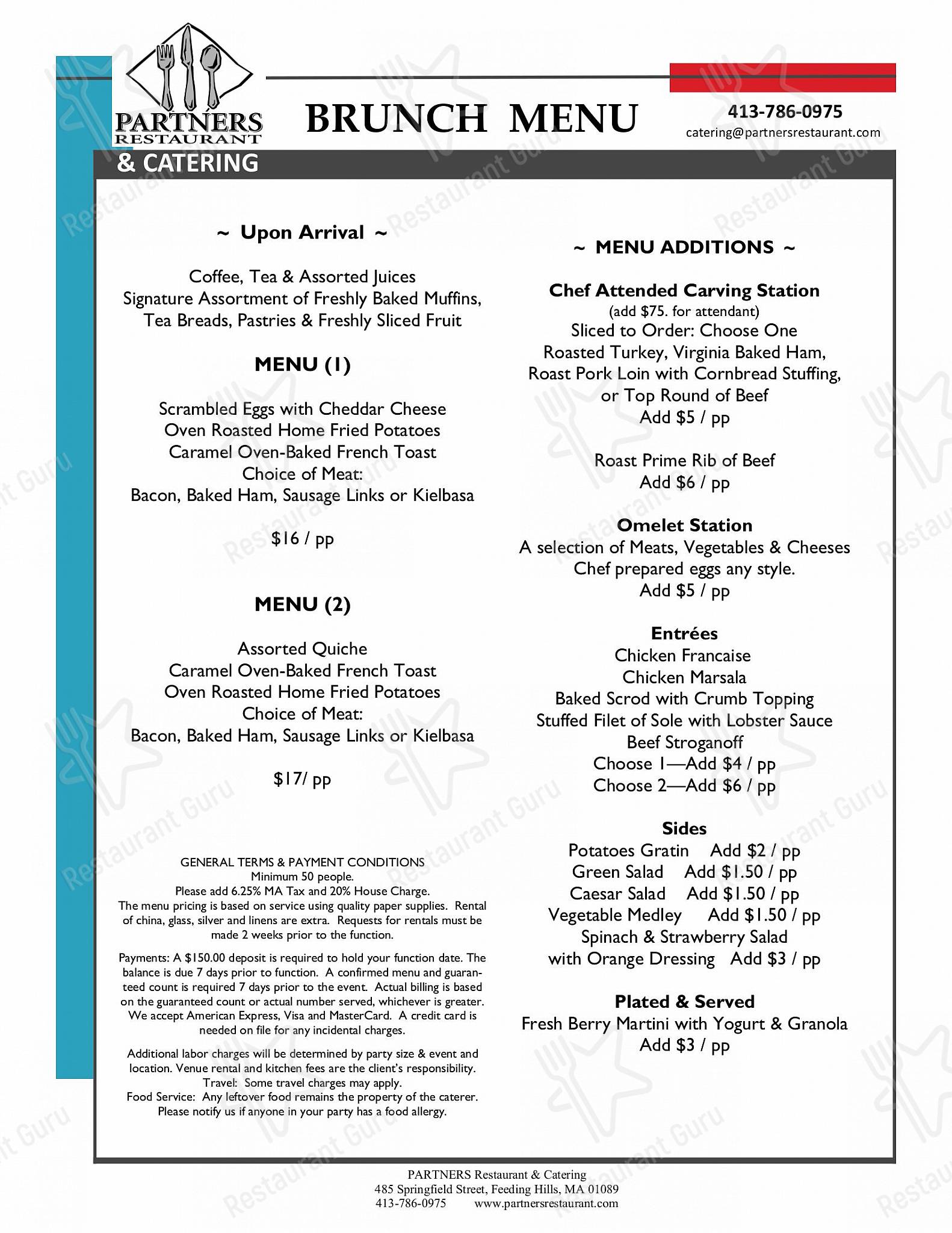 Menu at Partners Restaurant & Catering, Agawam