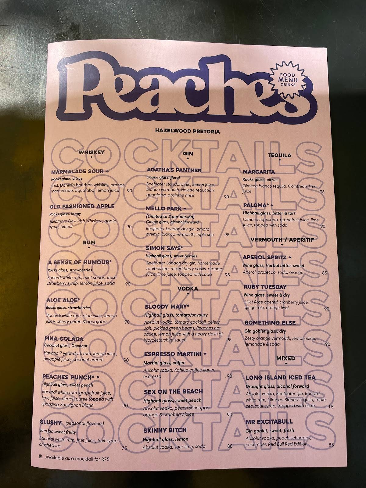 Speisekarte von Peaches restaurant, Pretoria