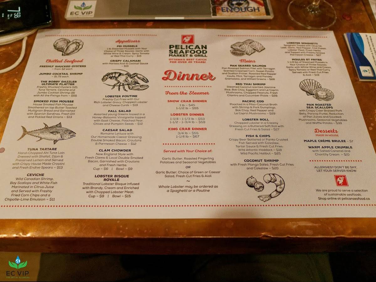 Menu au Pelican Seafood Market & Grill restaurant, Ottawa