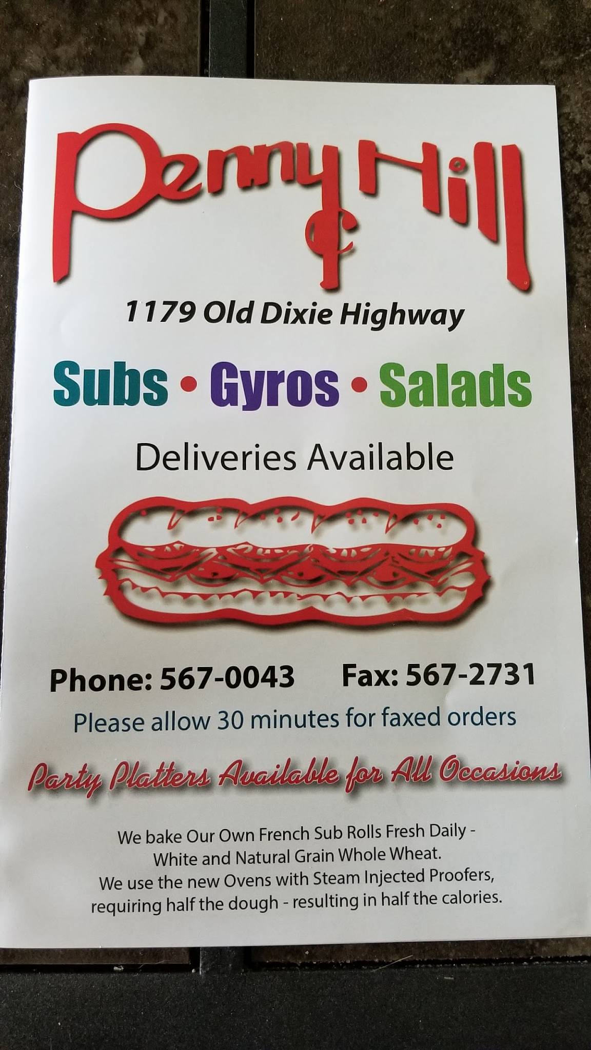 Menu at Penny Hill Subs restaurant, Vero Beach, Old Dixie Hwy