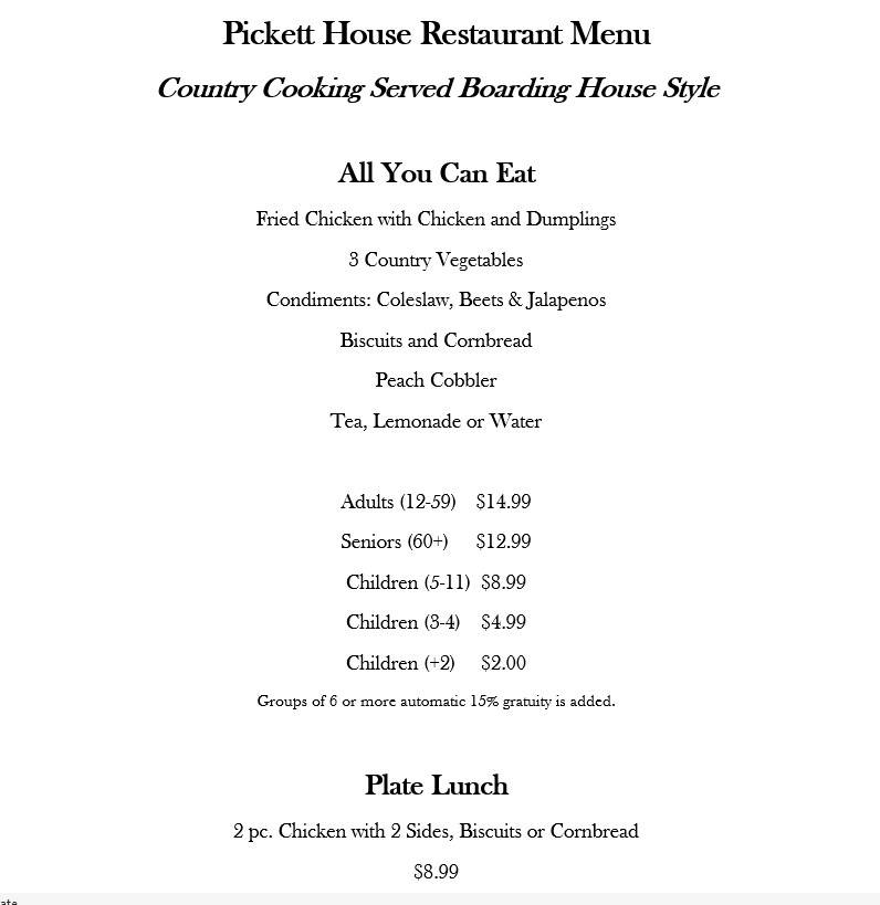 Menu at Pickett House restaurant, Woodville, 157 Private Rd 6000