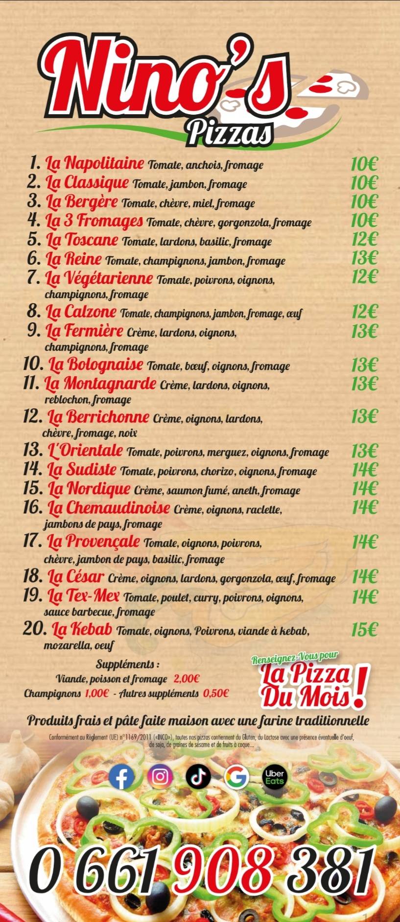 Menu au Nino's Pizzas pizzeria, Châteauroux