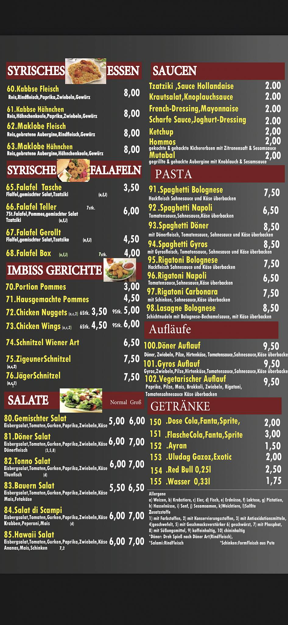 Speisekarte von Pizza Damascus, Emsdetten