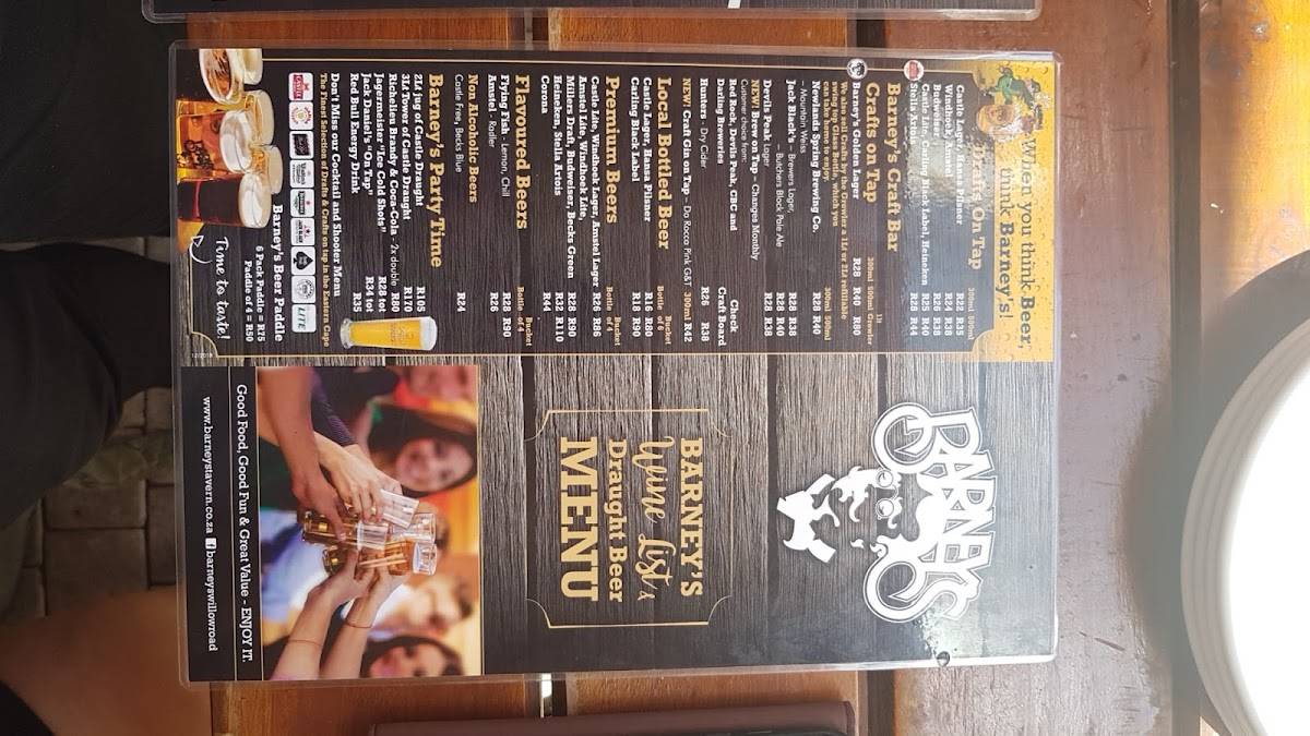 Menu at Barney's Willow Road, Port Elizabeth