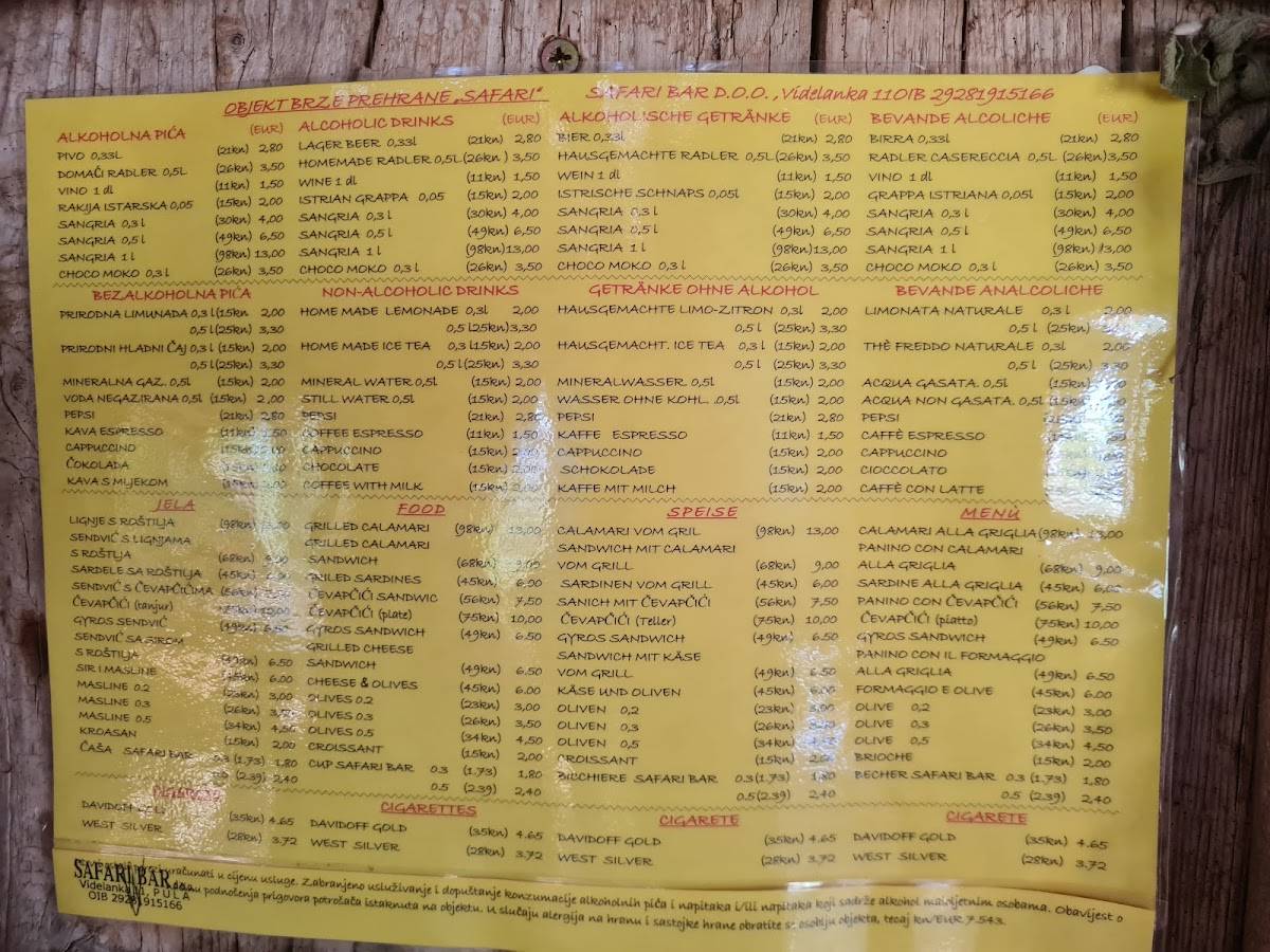 Safari Bar menu