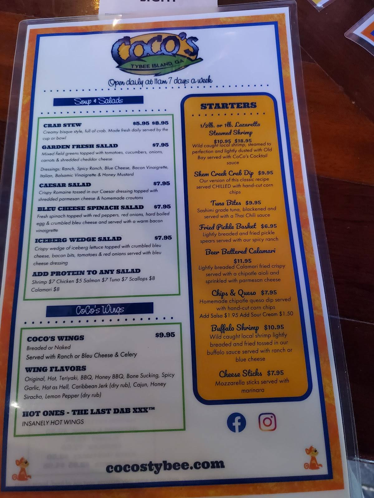 Menu at CoCo's Sunset Grille pub & bar, Tybee Island