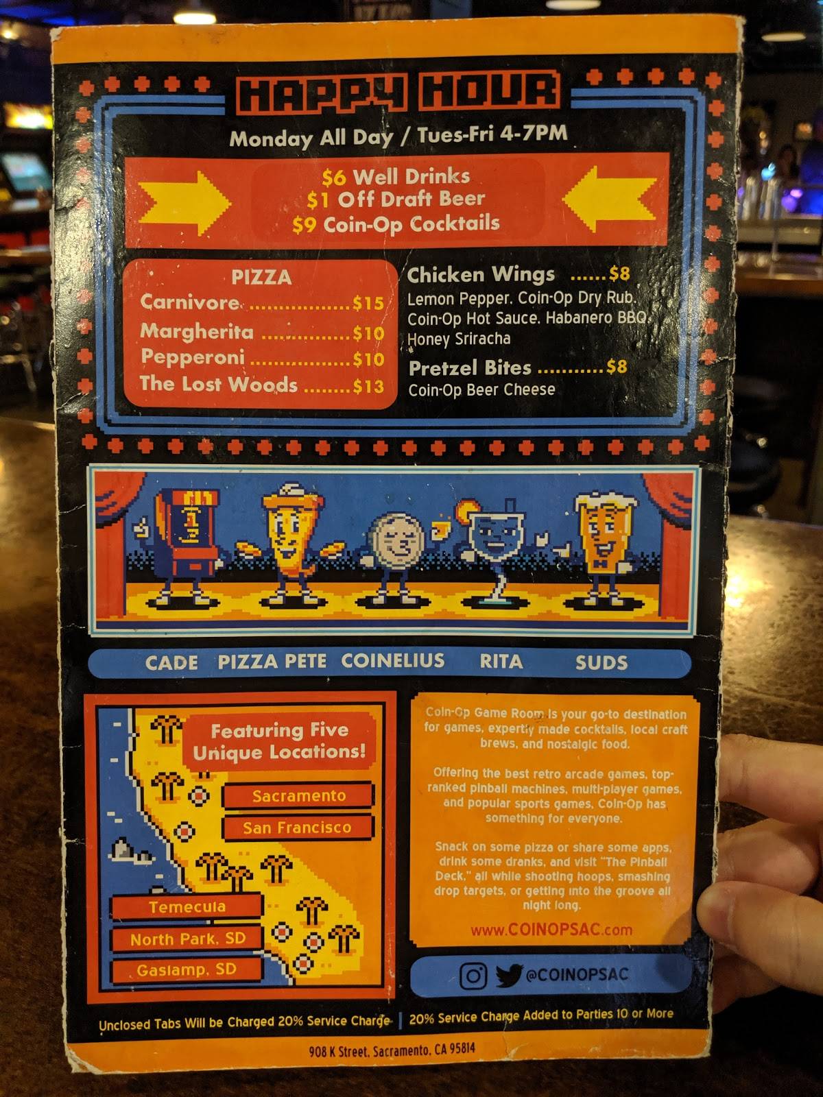 Menu at Coin Op Game Room pub bar Sacramento