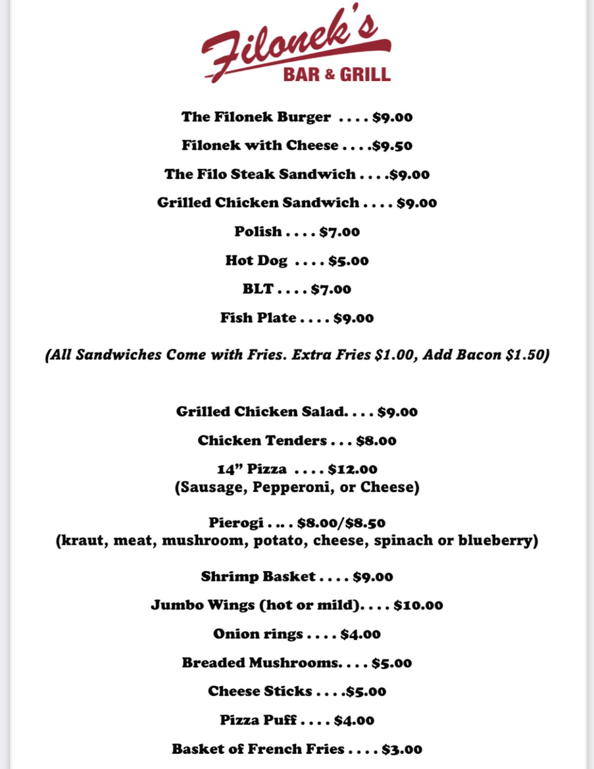 Menu at Filonek's Bar and Grill, Chicago
