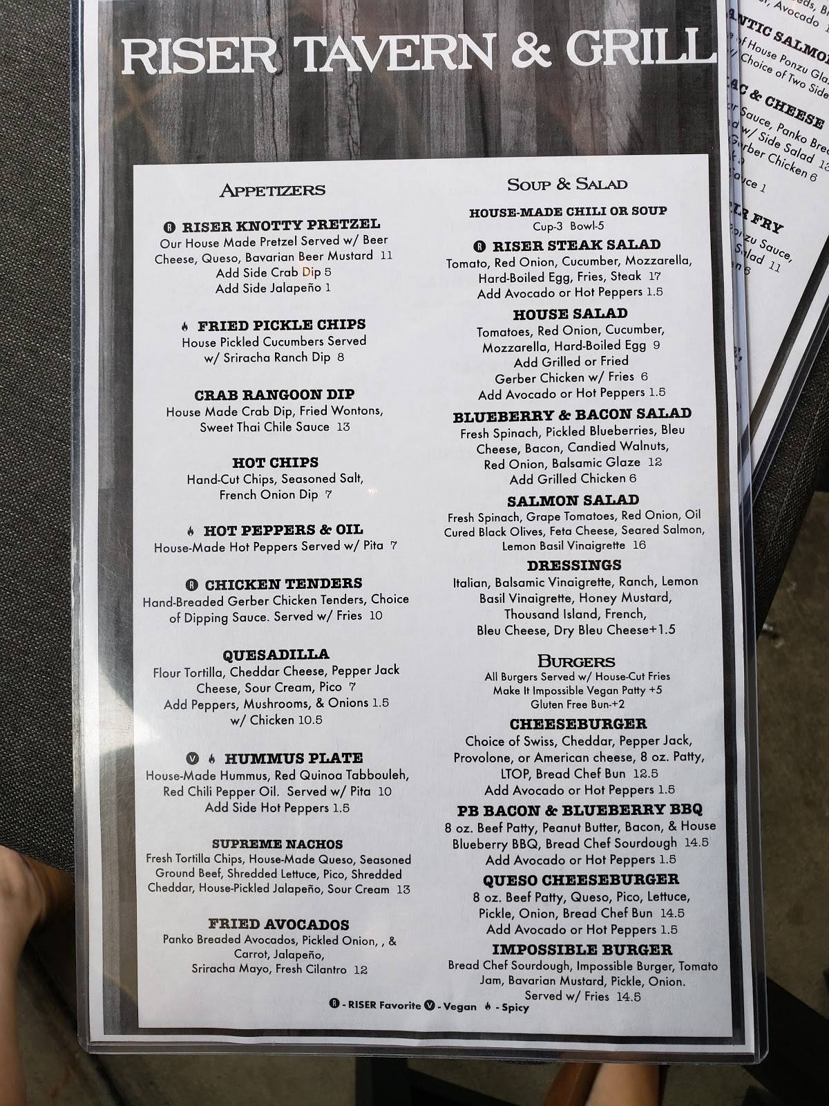 Menu at Riser Tavern & Grill pub & bar, Boardman