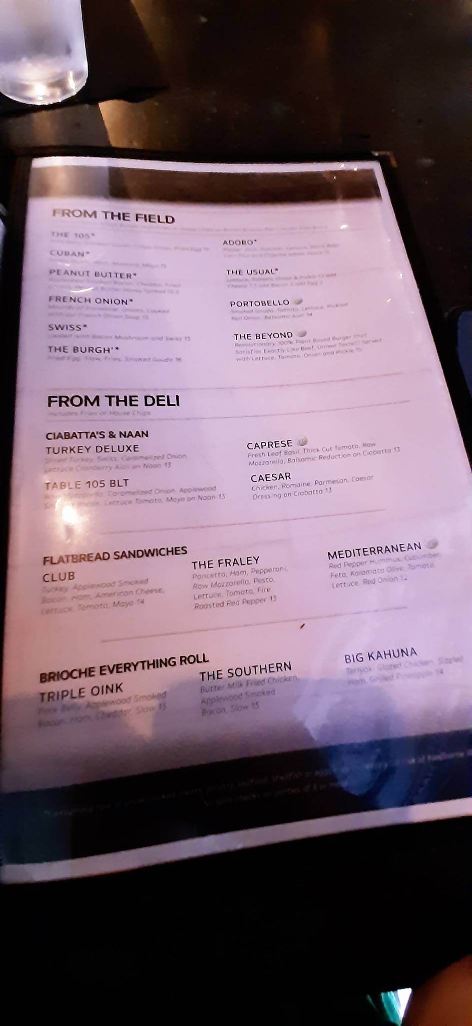 Menu at Table 105 pub & bar, Kane