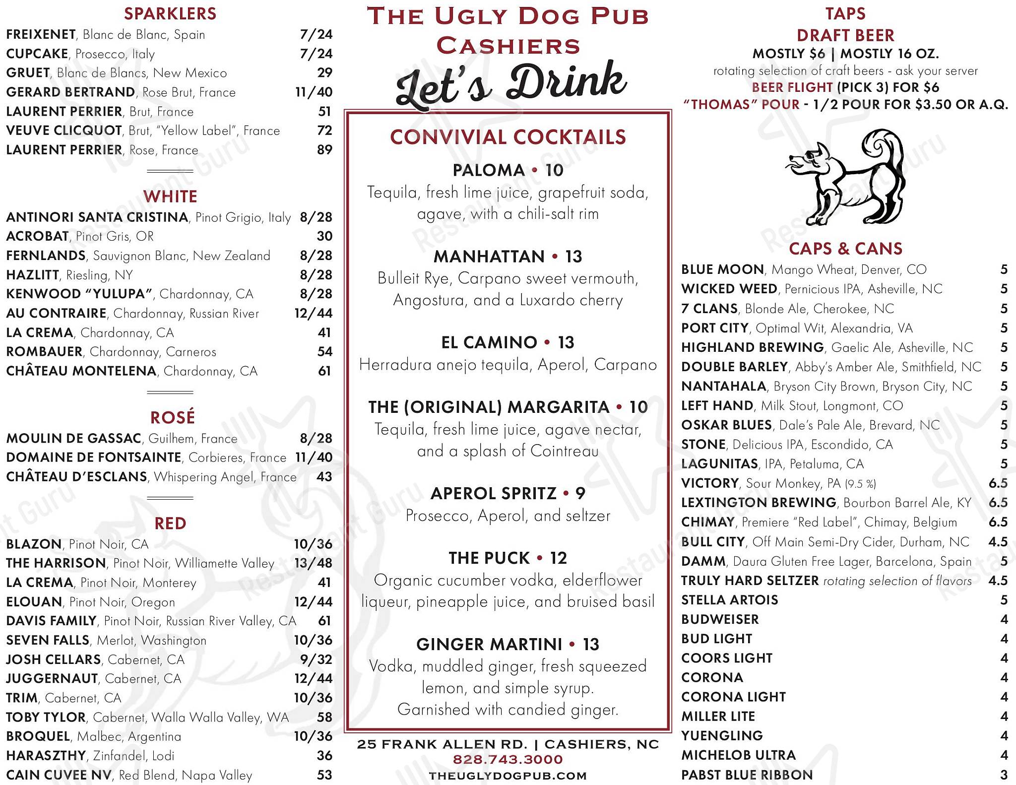 Menu at The Ugly Dog Pub-Cashiers, Cashiers