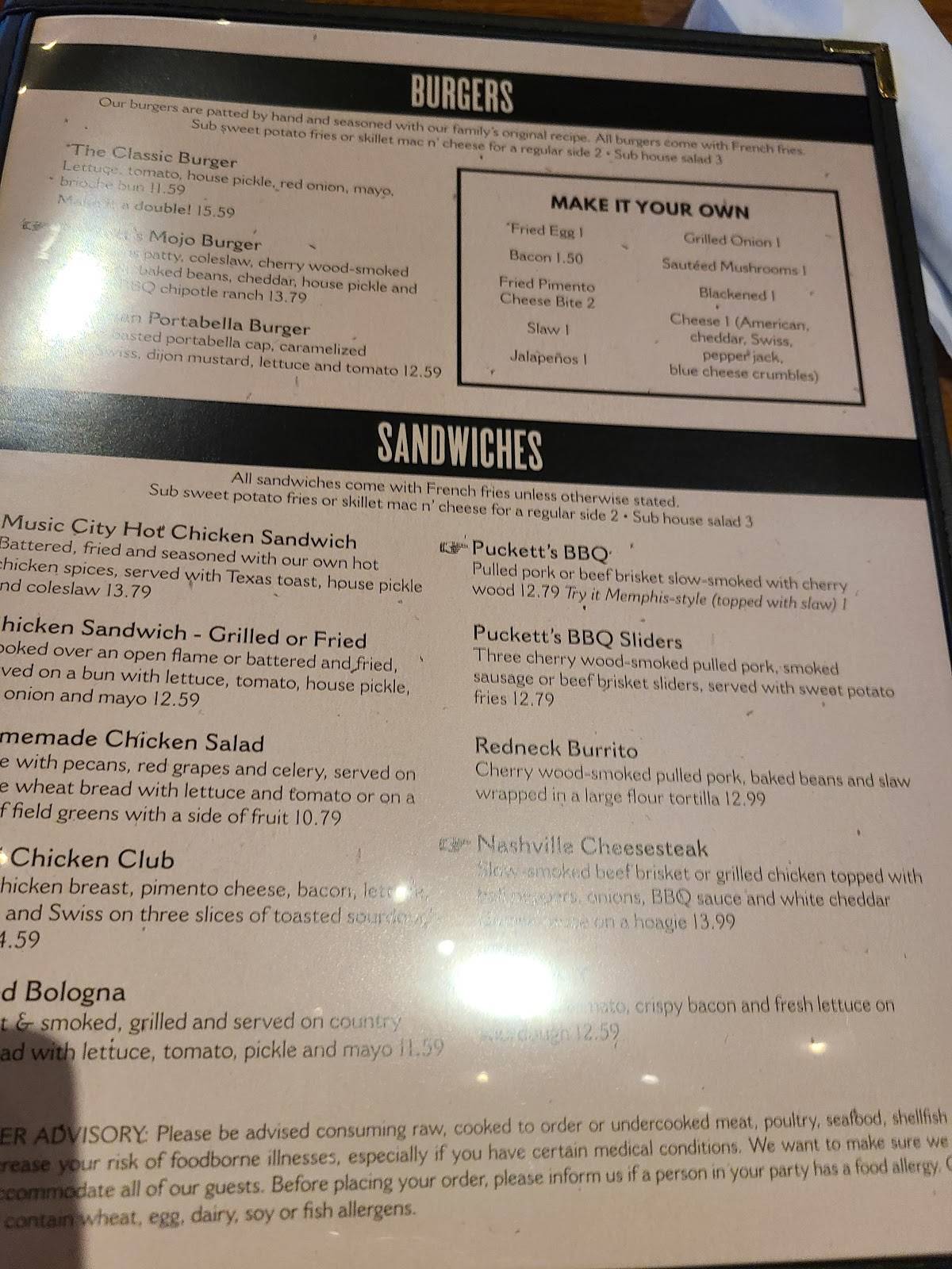 Menu at Puckett's Restaurant Cullman, Cullman