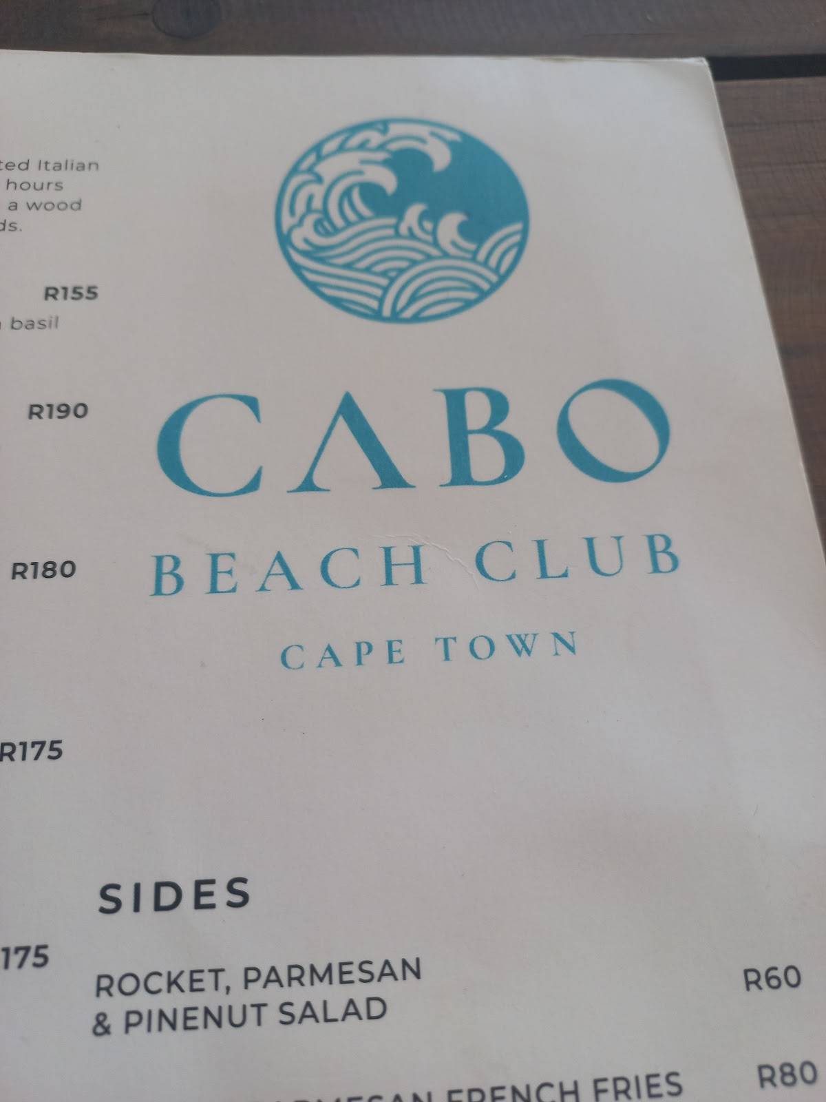 Menu at Cabo Beach Club, Cape Town