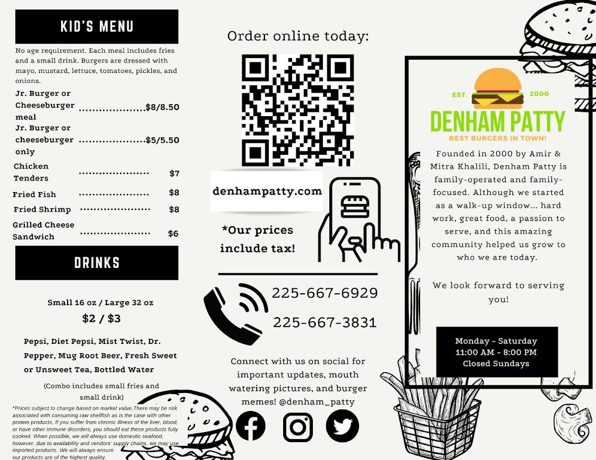 Menu at Denham Patty restaurant, Denham Springs, 243 Florida Ave SE