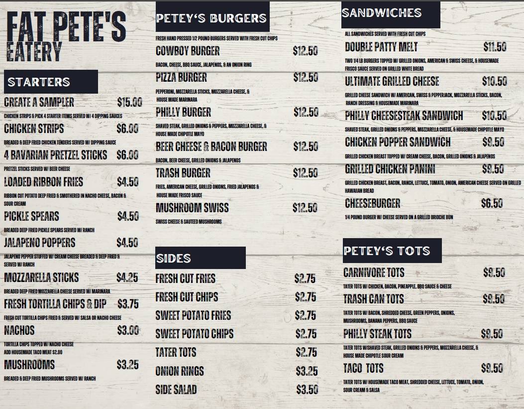 Menu at Fat Pete's restaurant, Bettsville, OH12