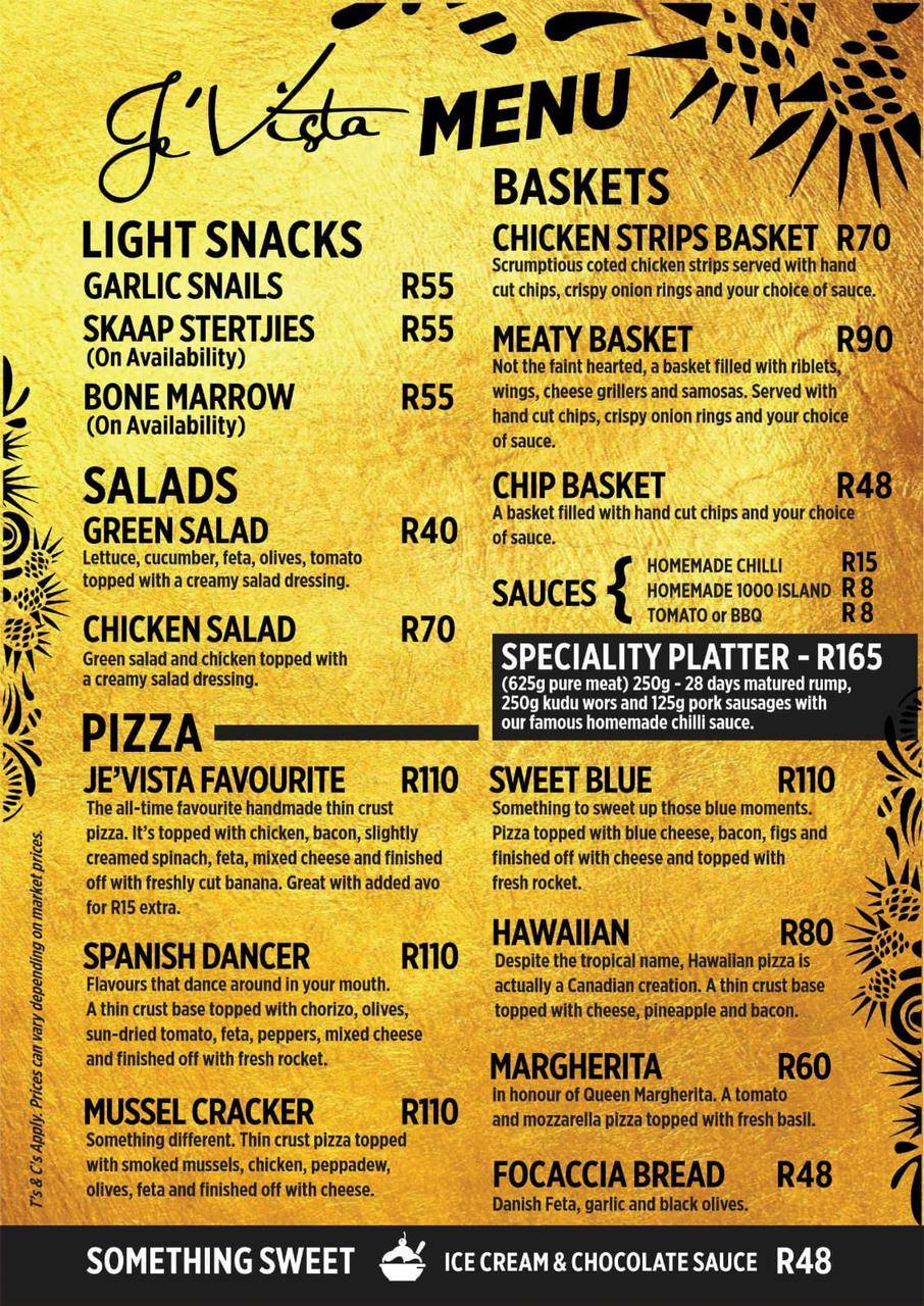 Menu at Je'Vista Social Cafe, Jeffreys Bay