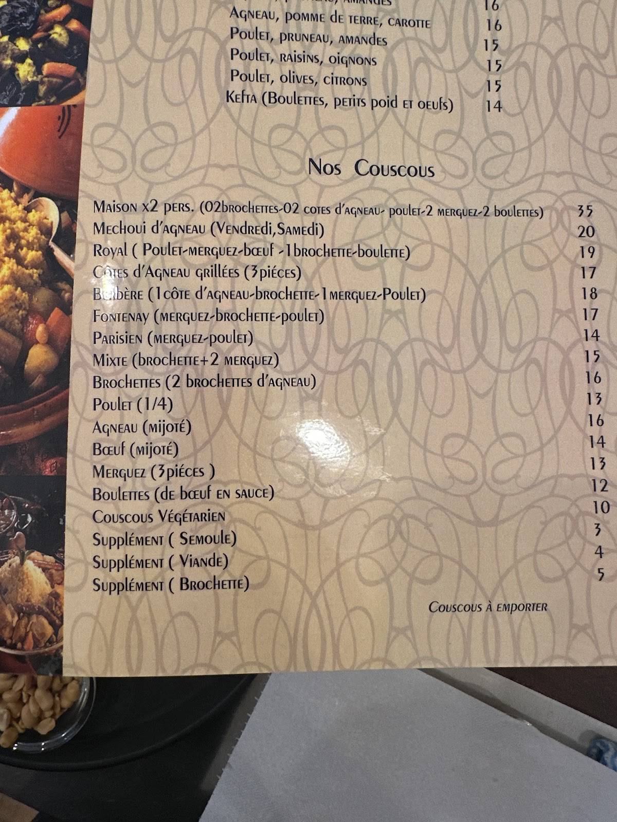 Menu au La Couscoussière de Fontenay restaurant, FontenaysousBois