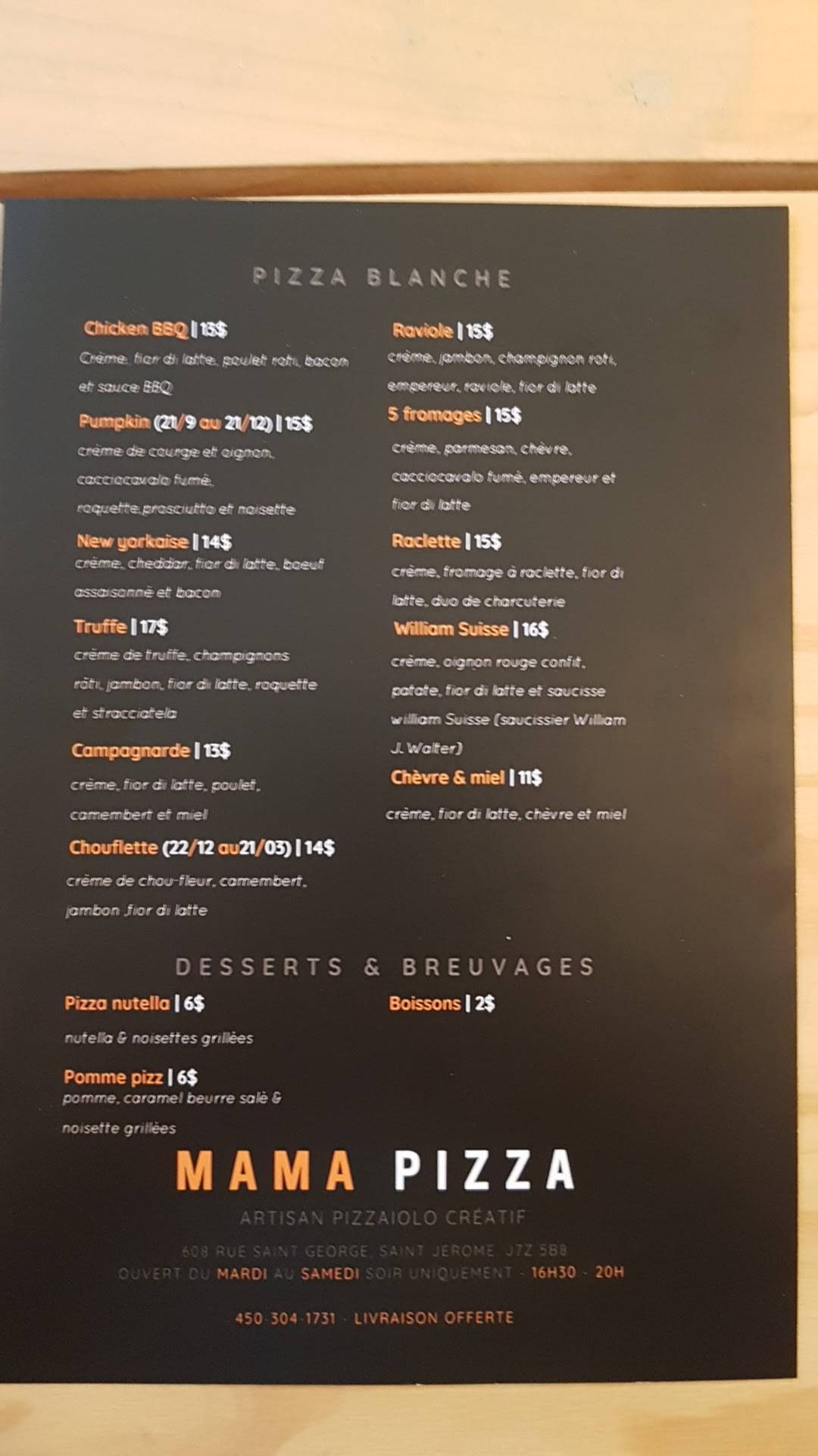 Menu au Mama Pizza St Jérôme pizzeria, SaintJérôme