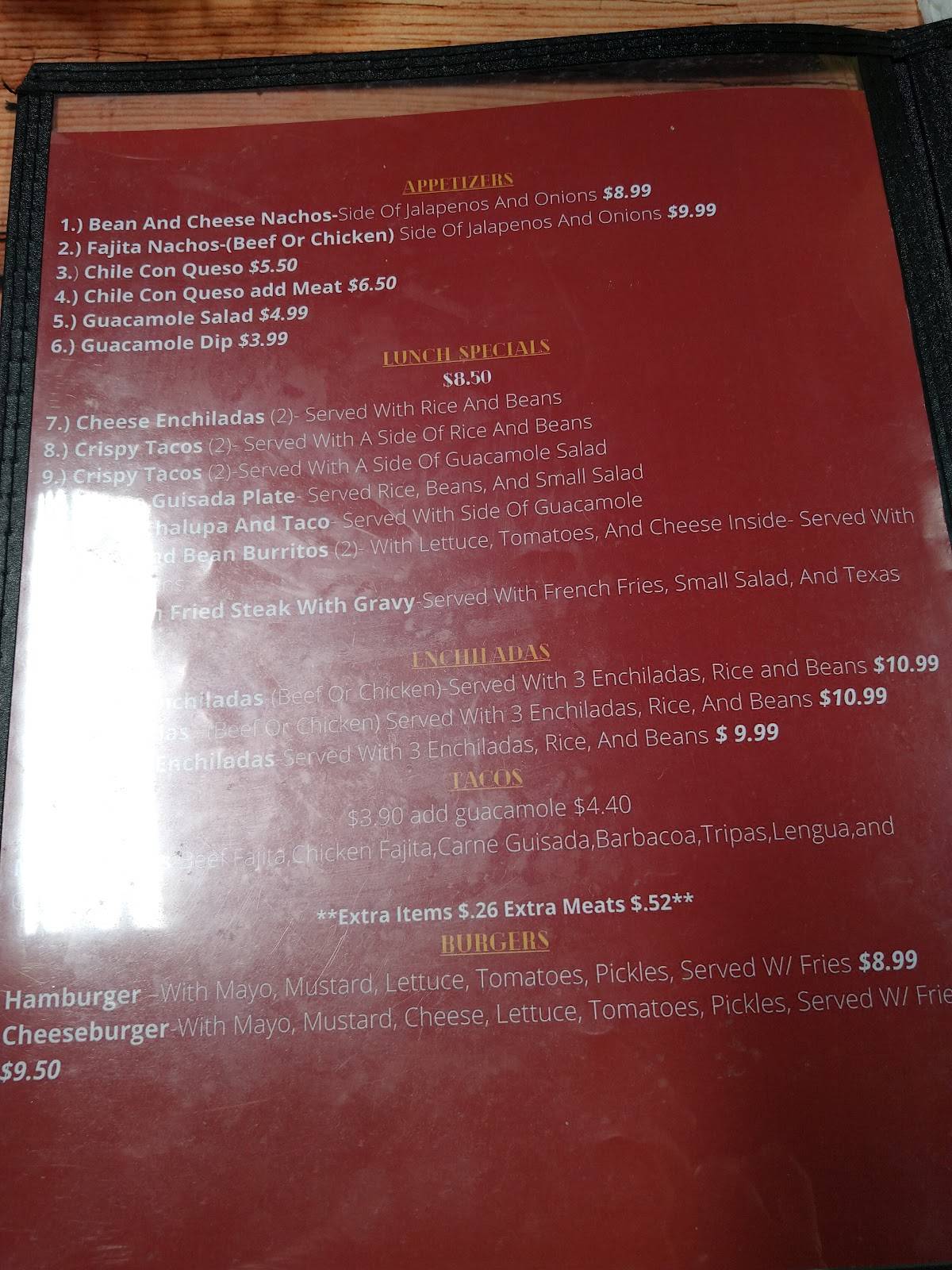 Menu at Mario's Mexican Restaurant, Hutto