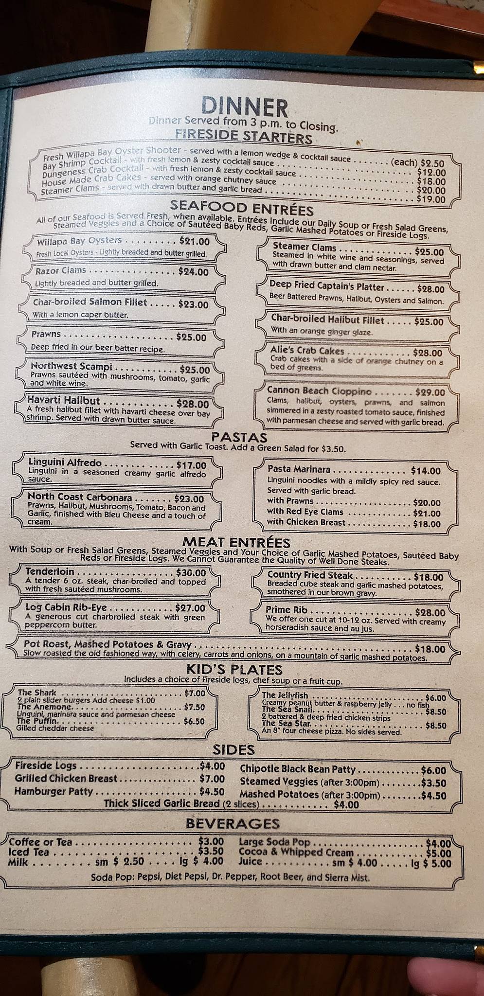 Menu at Oros Fireside Restaurant, Cannon Beach