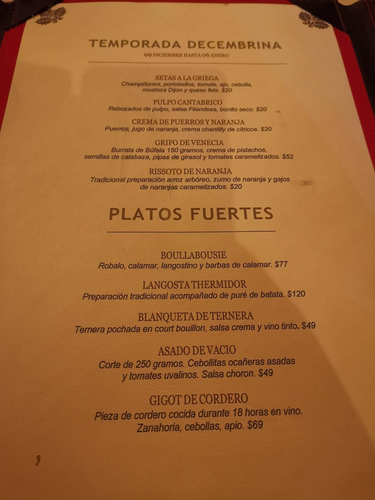 Menu at Restaurante Casa San Isidro, Bogotá, Cerro de Monserrate