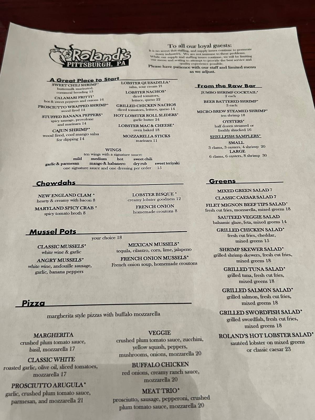 Menu at Roland's Seafood Grill restaurant, Pittsburgh