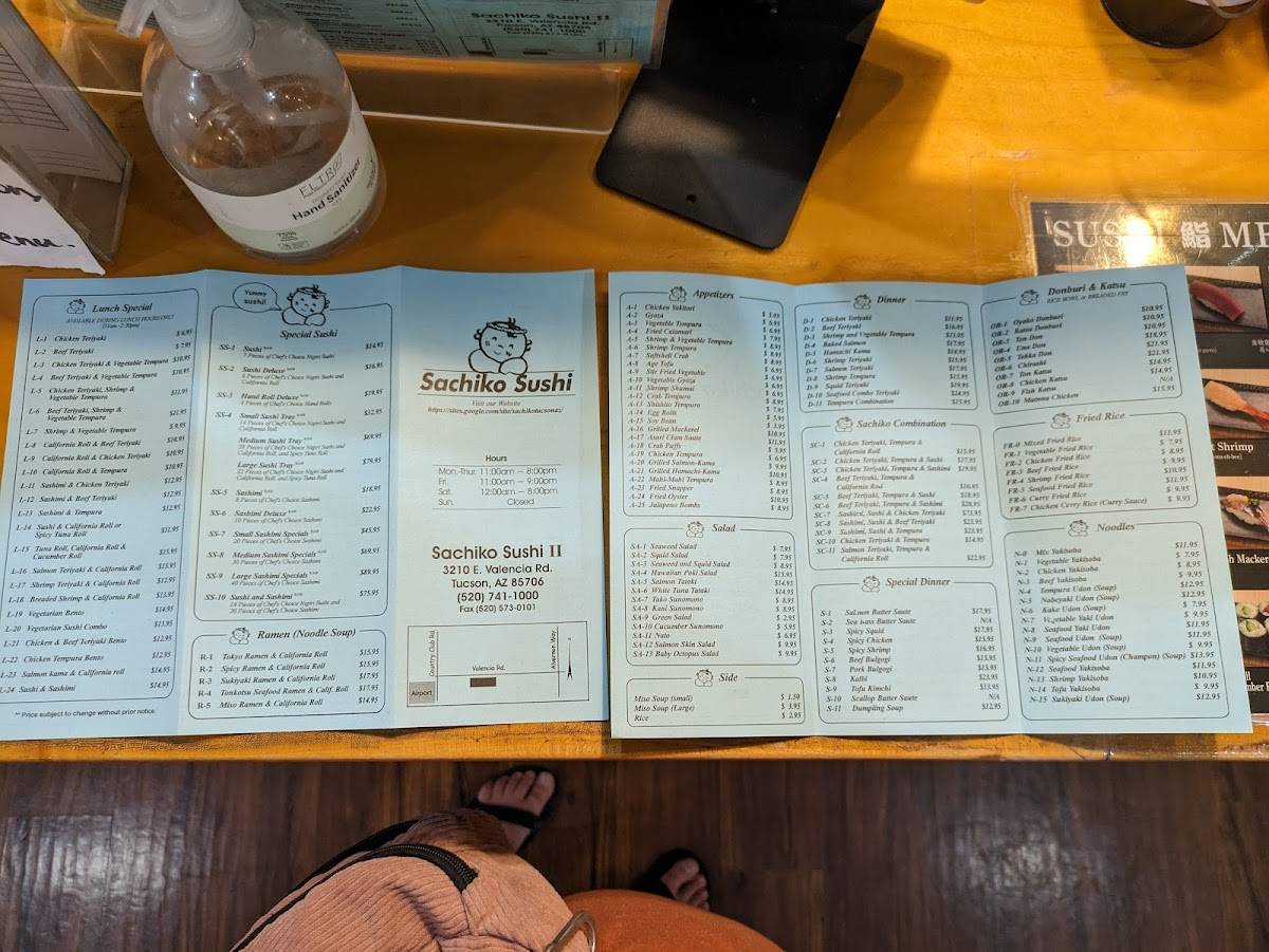 Menu at Sachiko Sushi restaurant, Tucson, E Valencia Rd