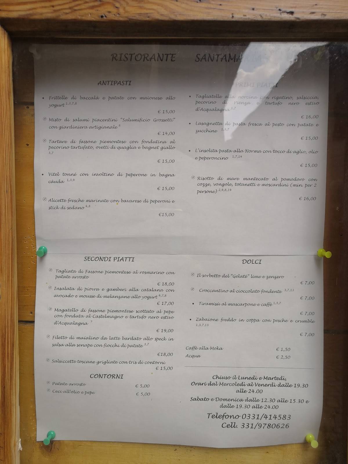 Menu da Santamaria ristorante, Canegrate