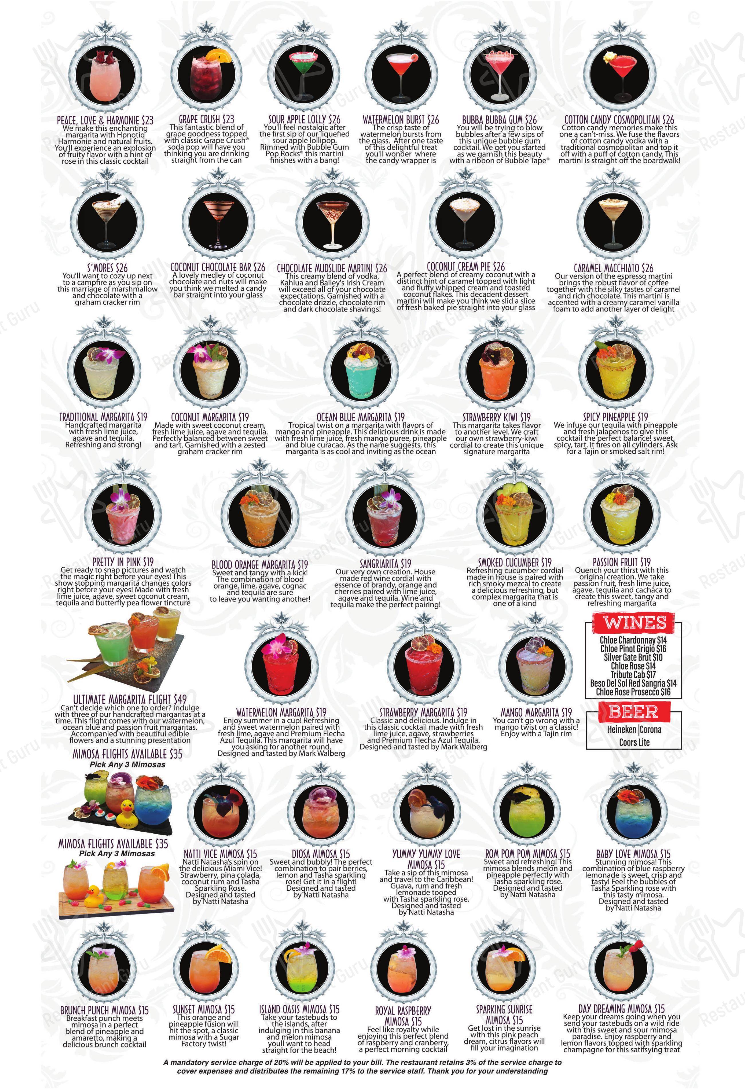 Menu at Sugar Factory Jacksonville restaurant, Jacksonville