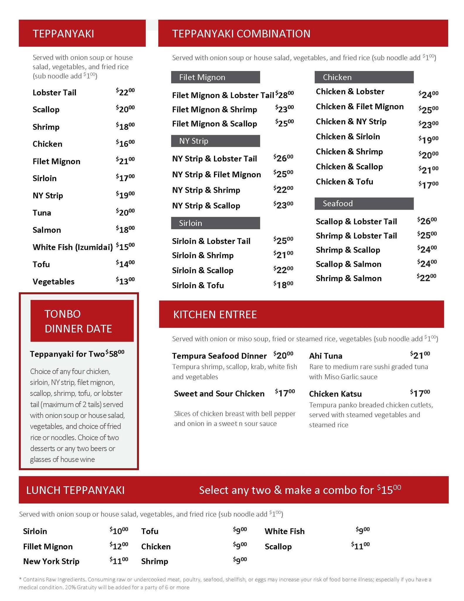 Menu at Tonbo Hibachi Grille restaurant, Port Richey, U.S. Hwy 19
