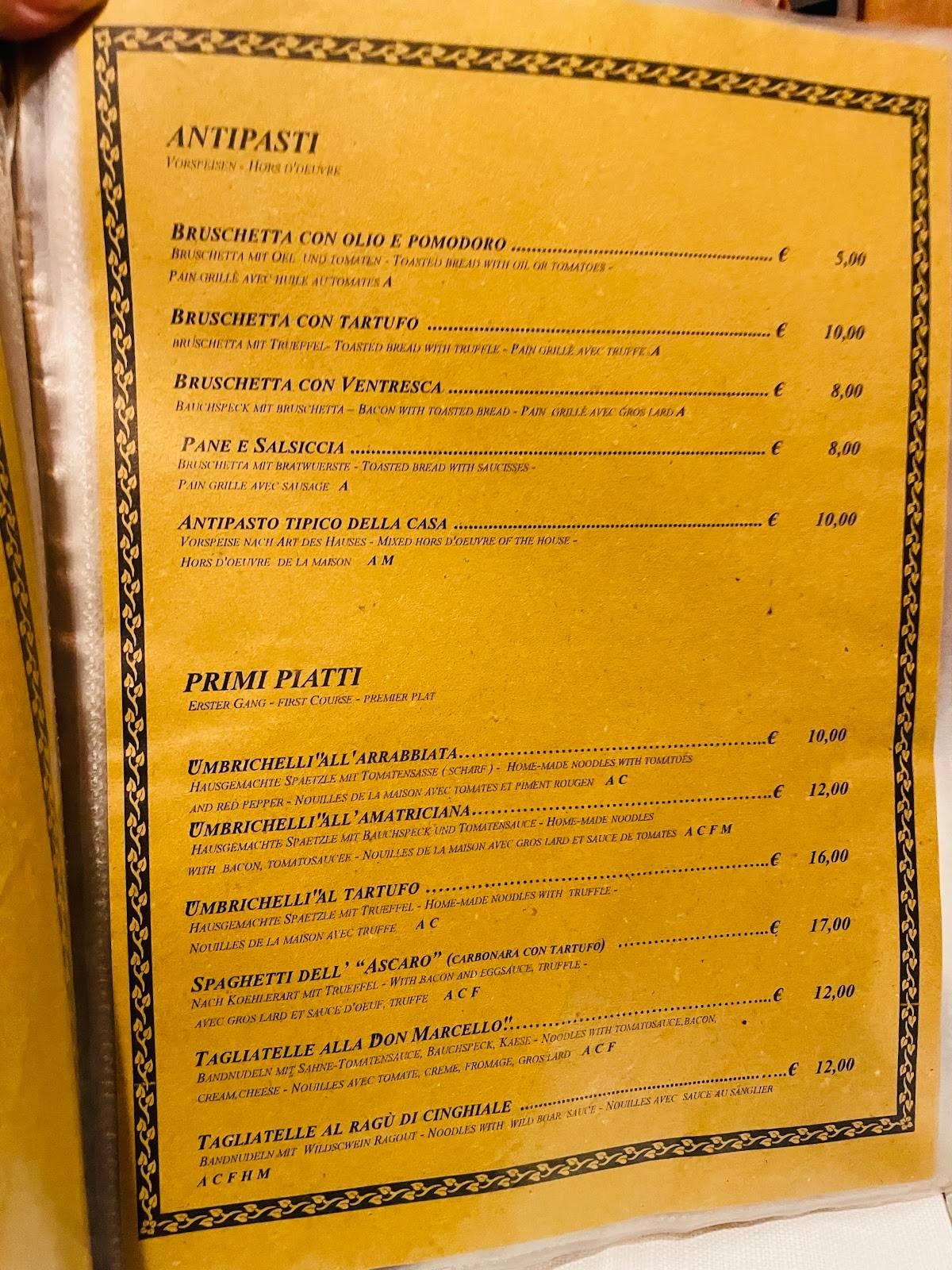 Menu at Trattoria la Palomba restaurant, Orvieto