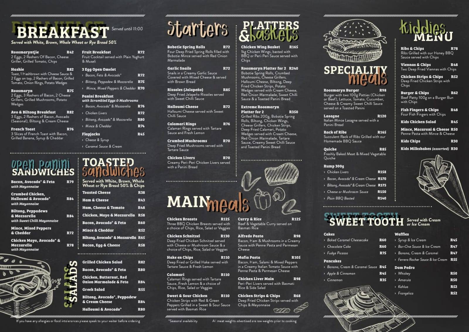 Menu at Roosmaryn restaurant, Potchefstroom