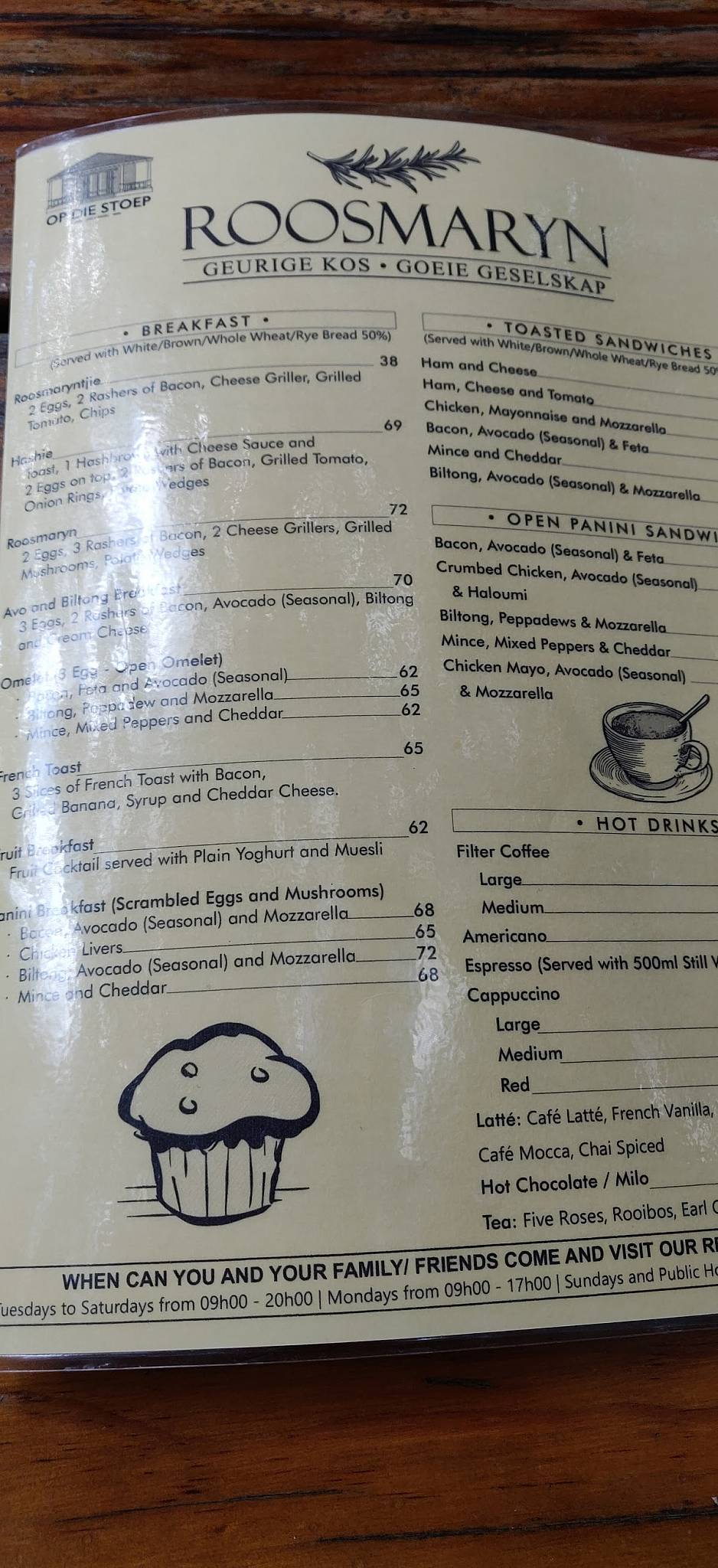 Menu at Roosmaryn restaurant, Potchefstroom
