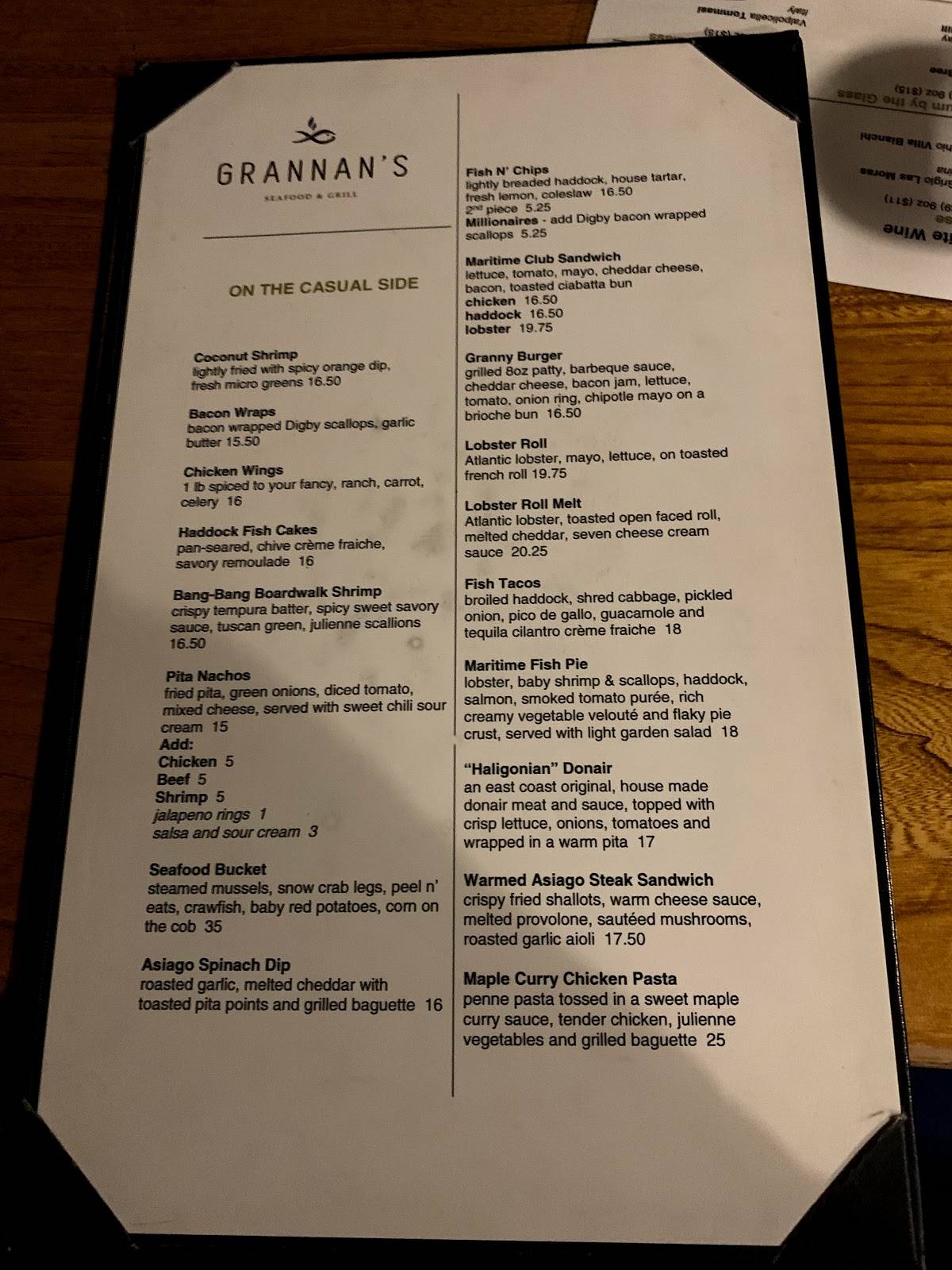 Menu at Grannan's Seafood restaurant, Saint John