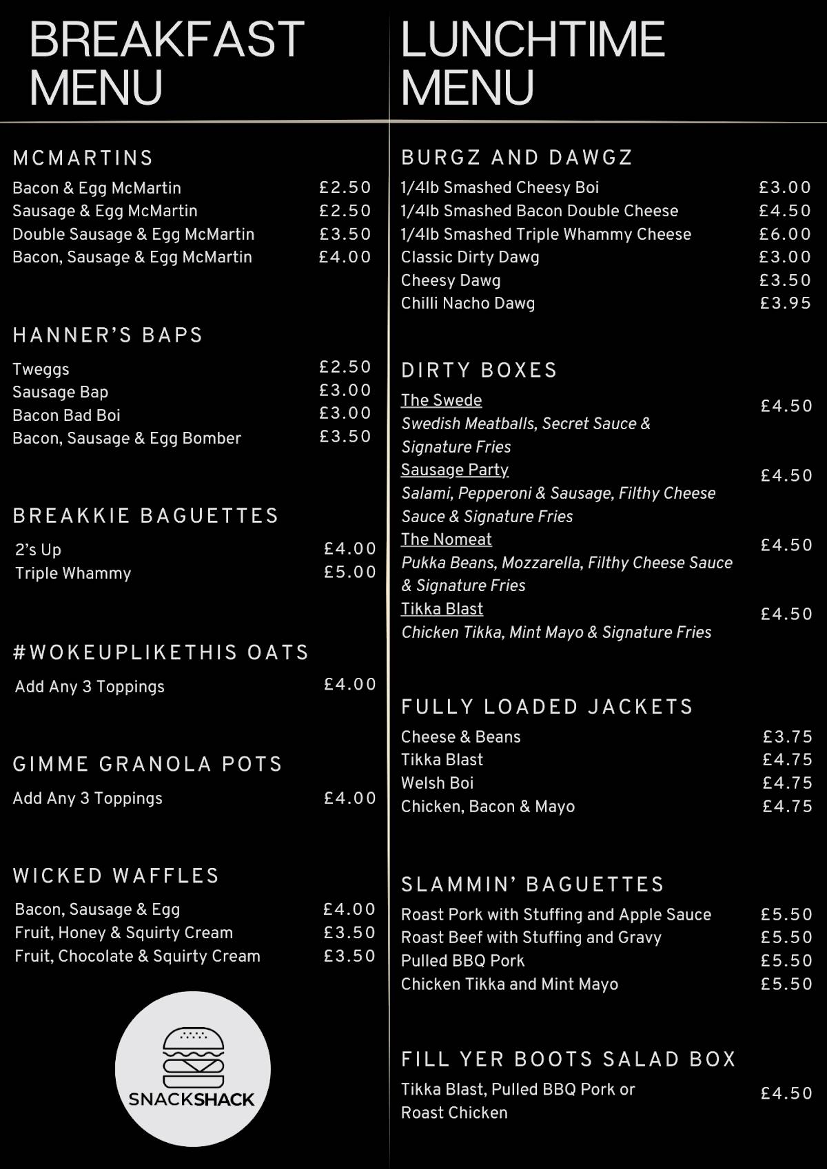 Menu at Snack Shack AF restaurant, Ammanford