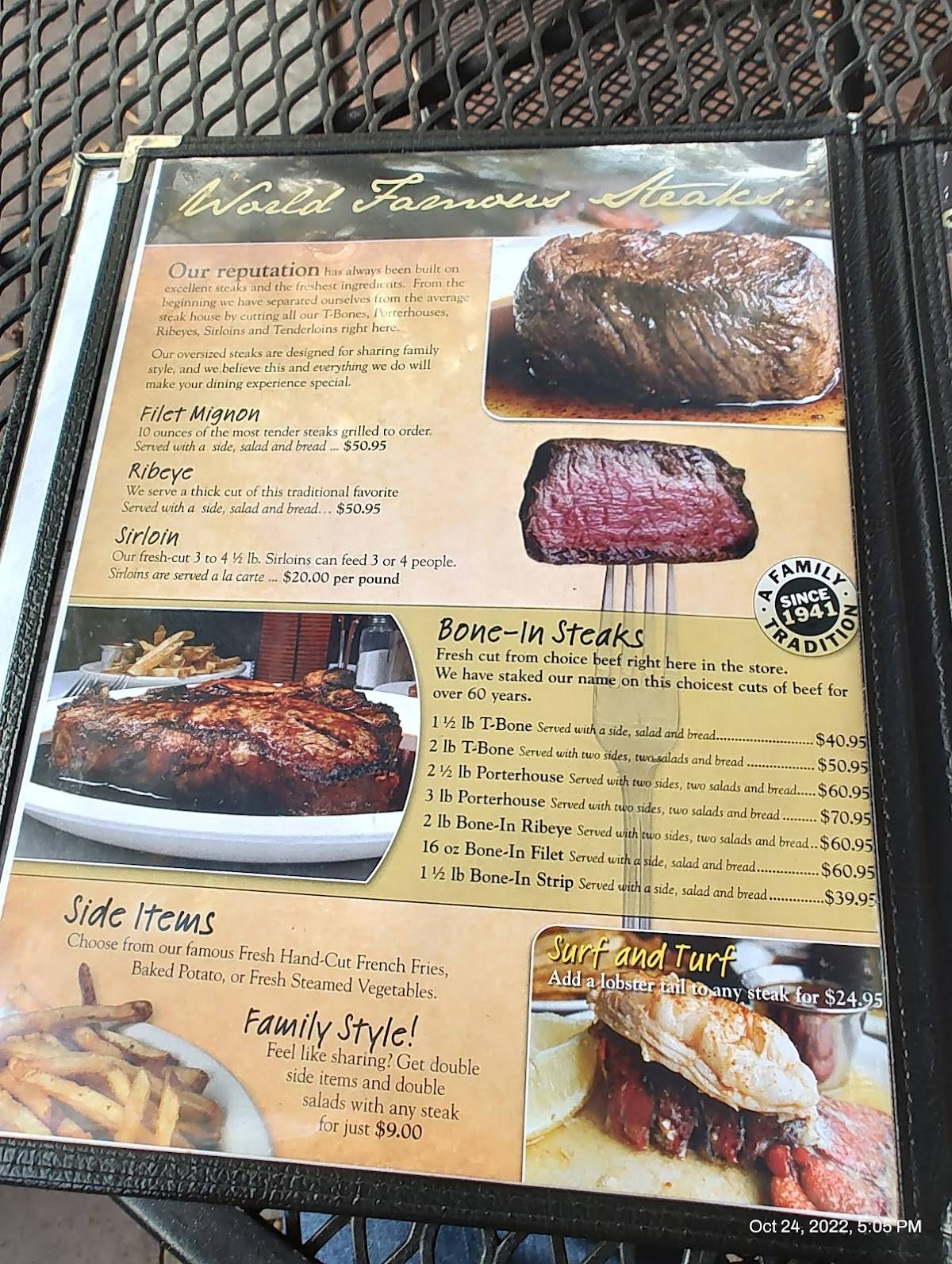 Menu at Doe's Eat Place steakhouse, Paducah