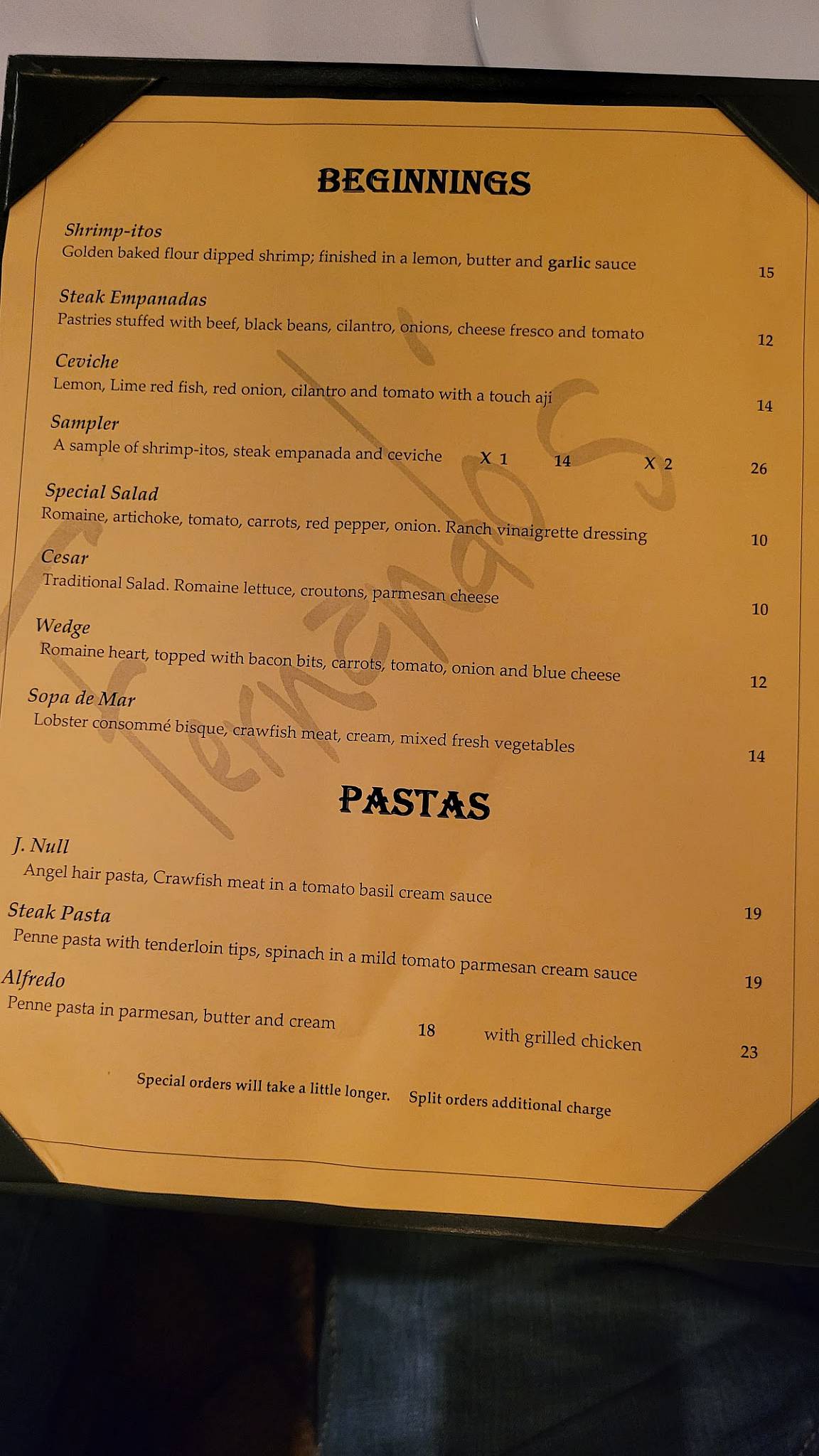 Menu at Fernando's steakhouse, Sugar Land