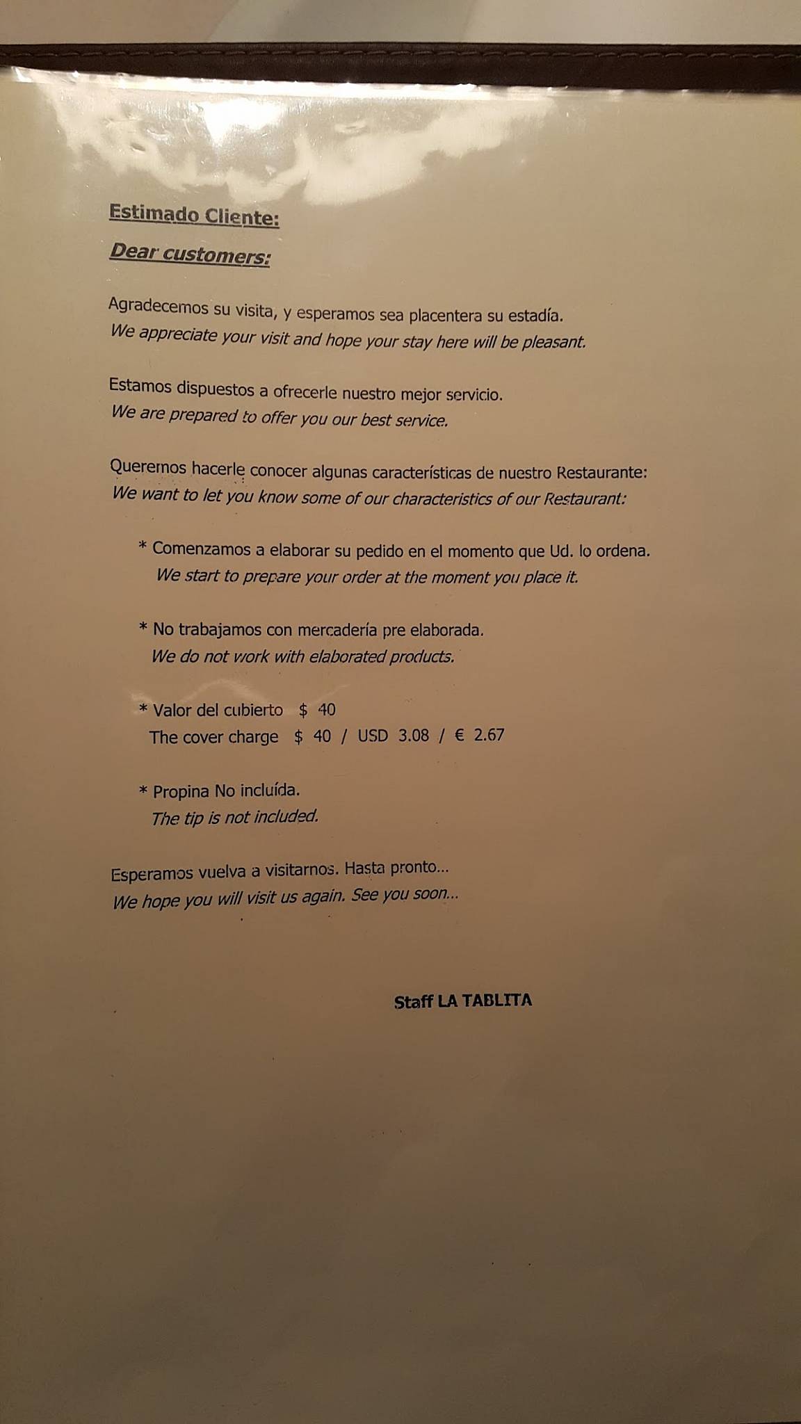 Carta de parrilla La Tablita, El Calafate
