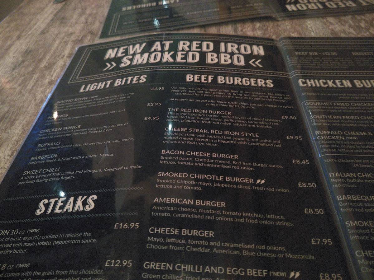 Menu at Red Iron Burgers steakhouse, Uxbridge
