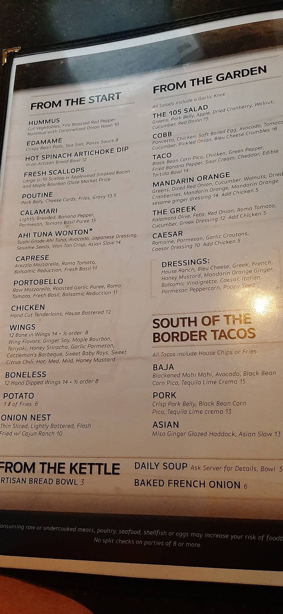 Menu at Table 105 pub & bar, Kane