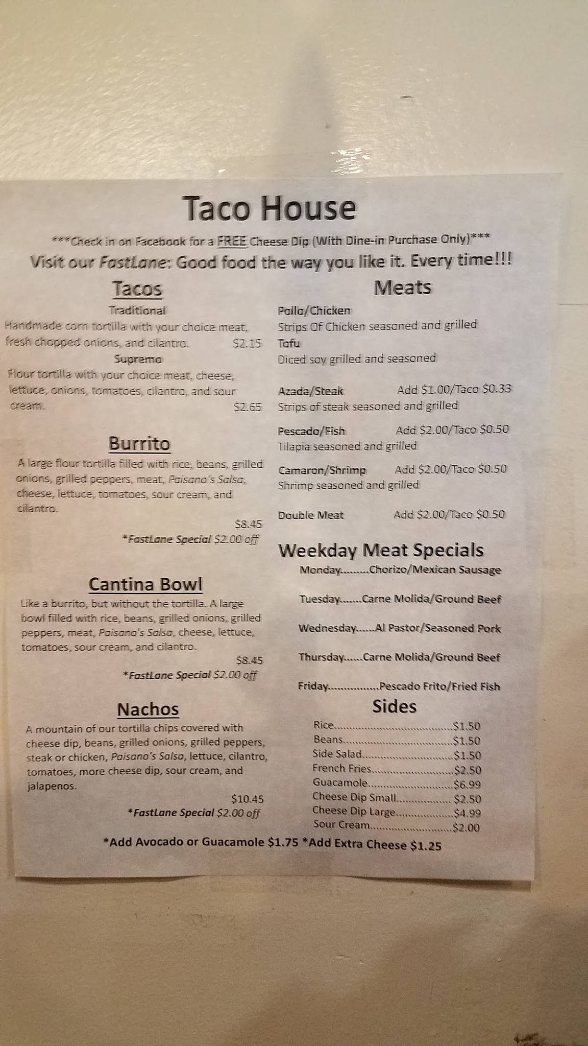 Menu at Taco House restaurant, Calhoun, 803 S Wall St
