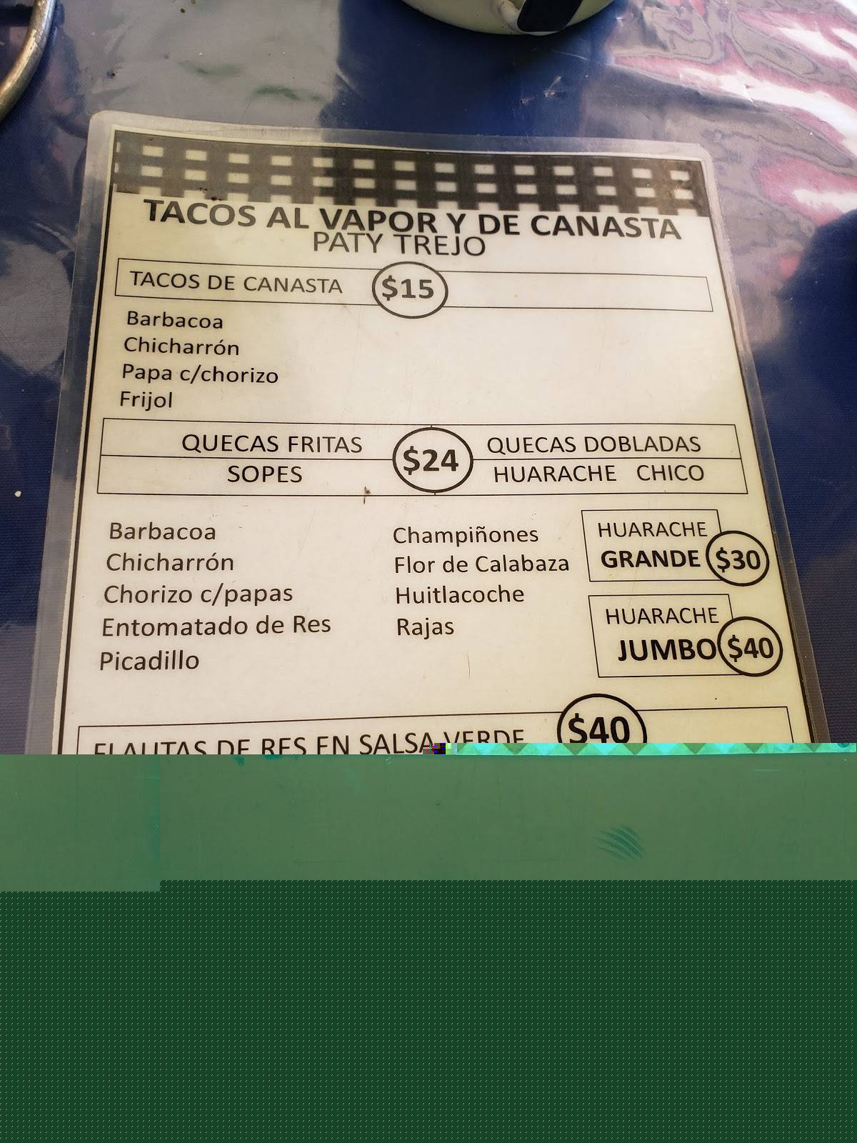 Carta del restaurante Tacos al Vapor y del Canasta Paty Trejo, Culiacán