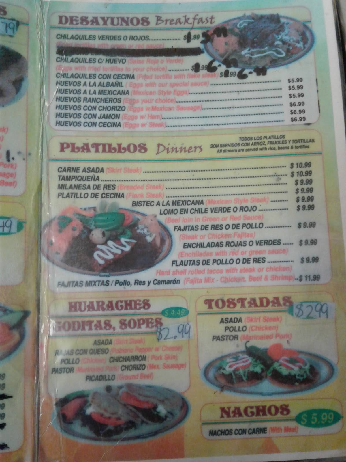 Menu at Taquería Jalisco restaurant, Blue Island, Western Ave
