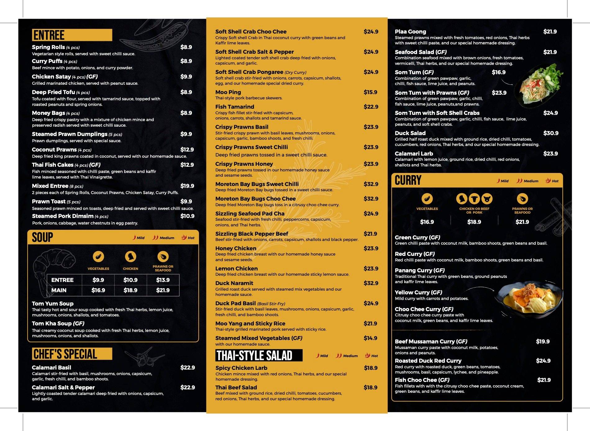 Menu at Thai Naramit restaurant, Hendra