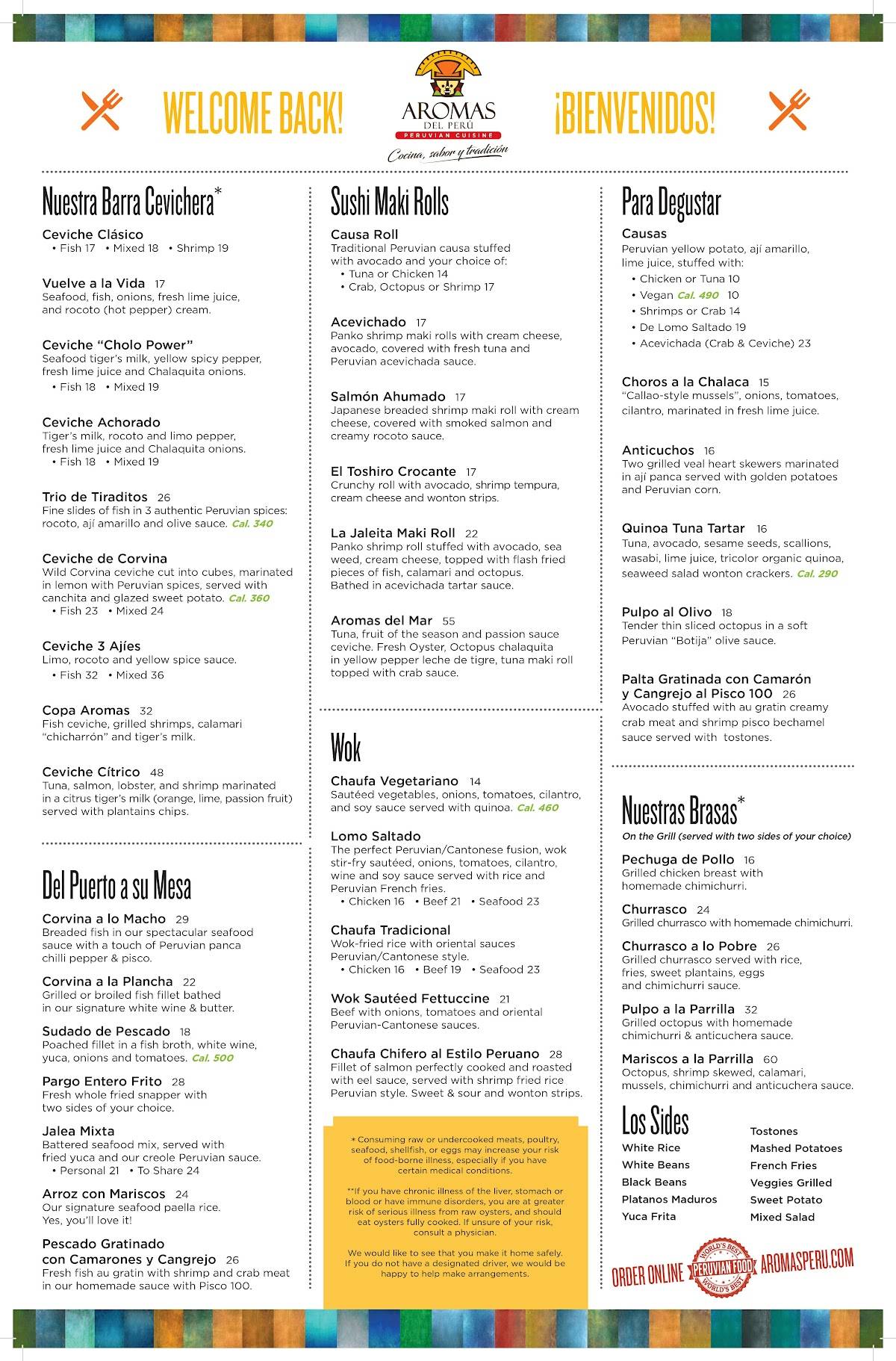 Menu at Aromas del Peru restaurant, The Hammocks