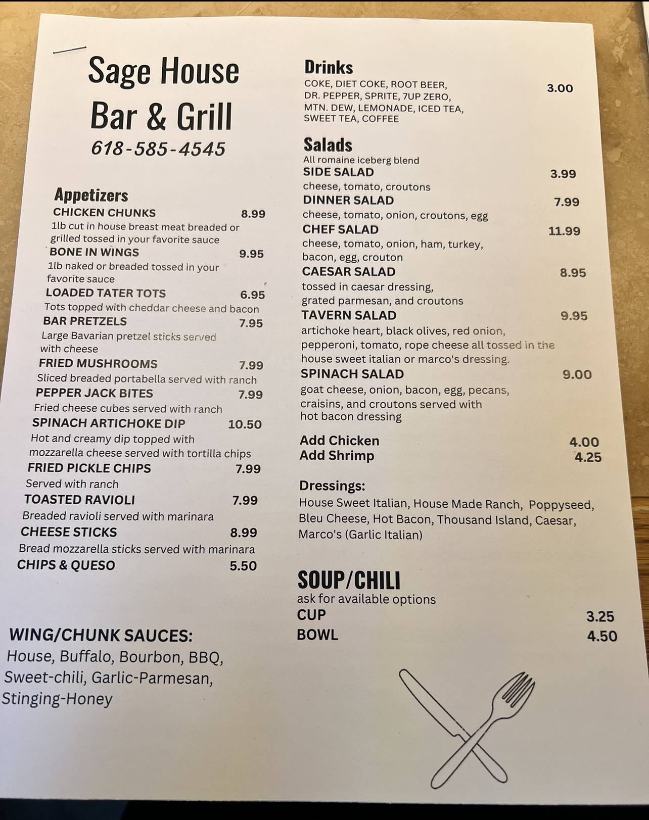 Menu at Sage House pizzeria, Bunker Hill