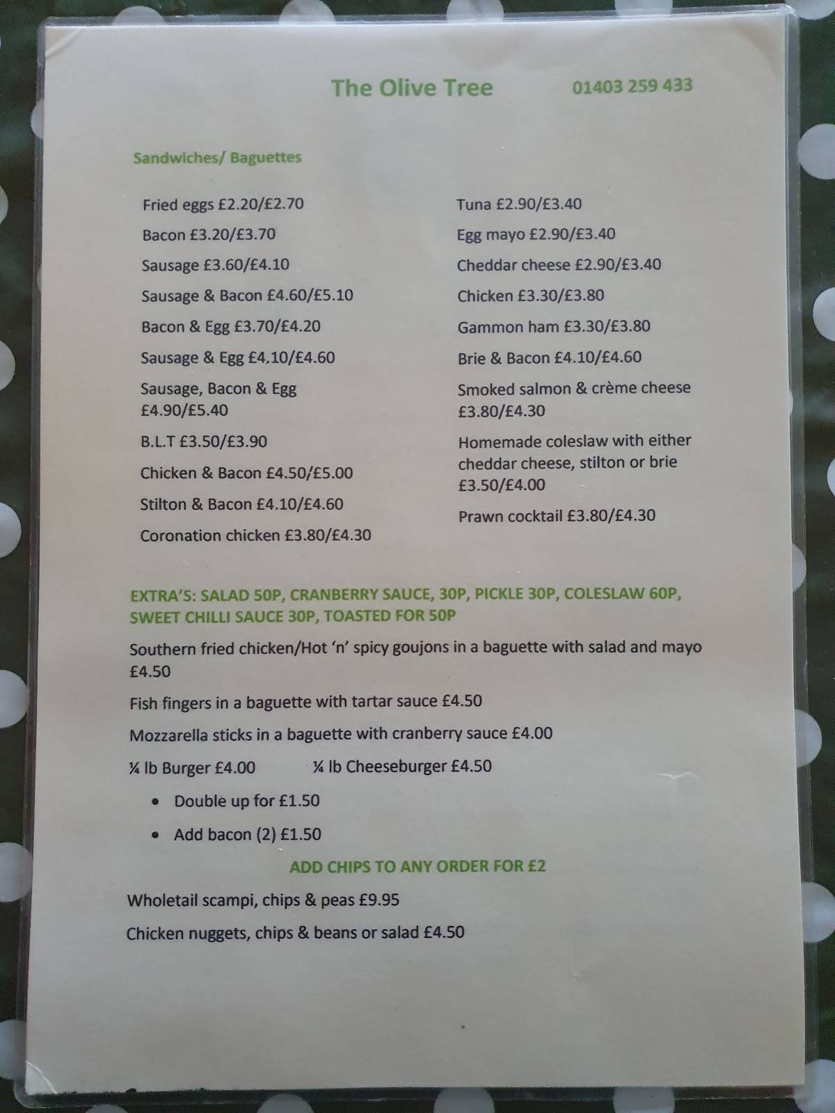 Menu at The Olive Tree cafe, Horsham, Shopping Precinct