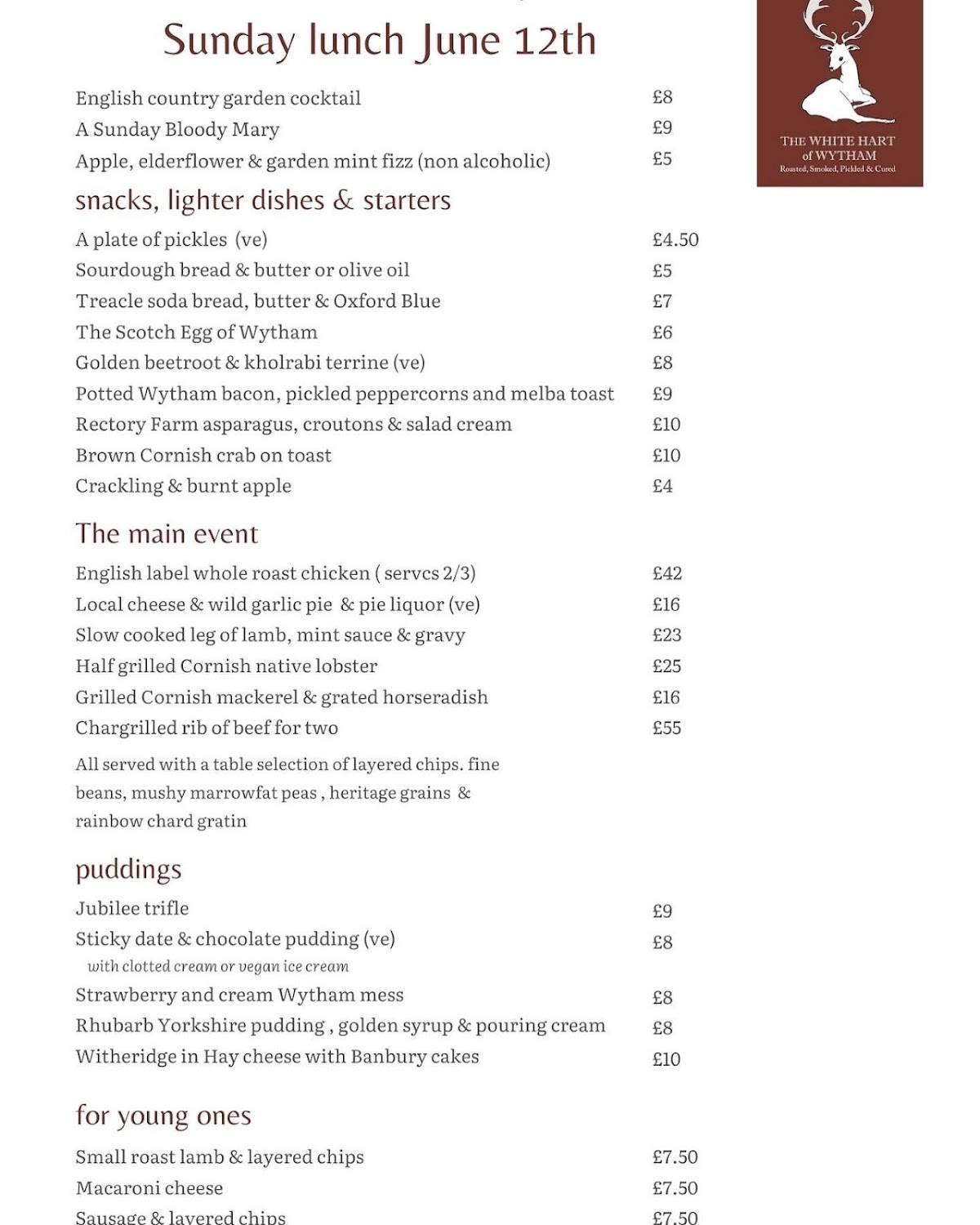 Menu at The White Hart of Wytham pub & bar, Oxford