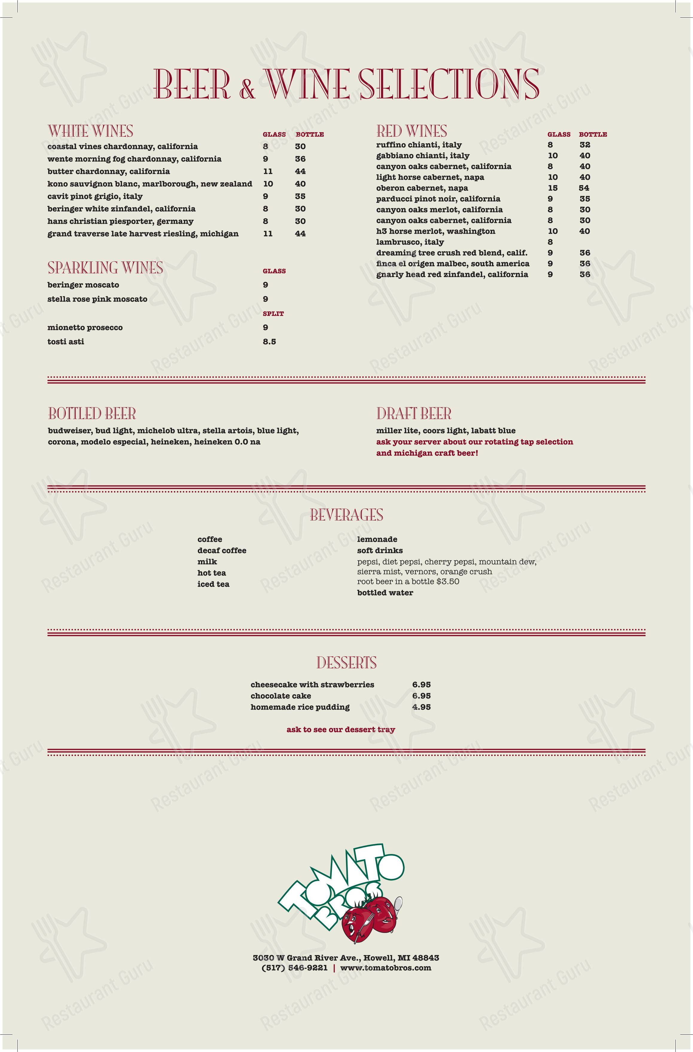 Menu at Tomato Brothers pizzeria, Howell